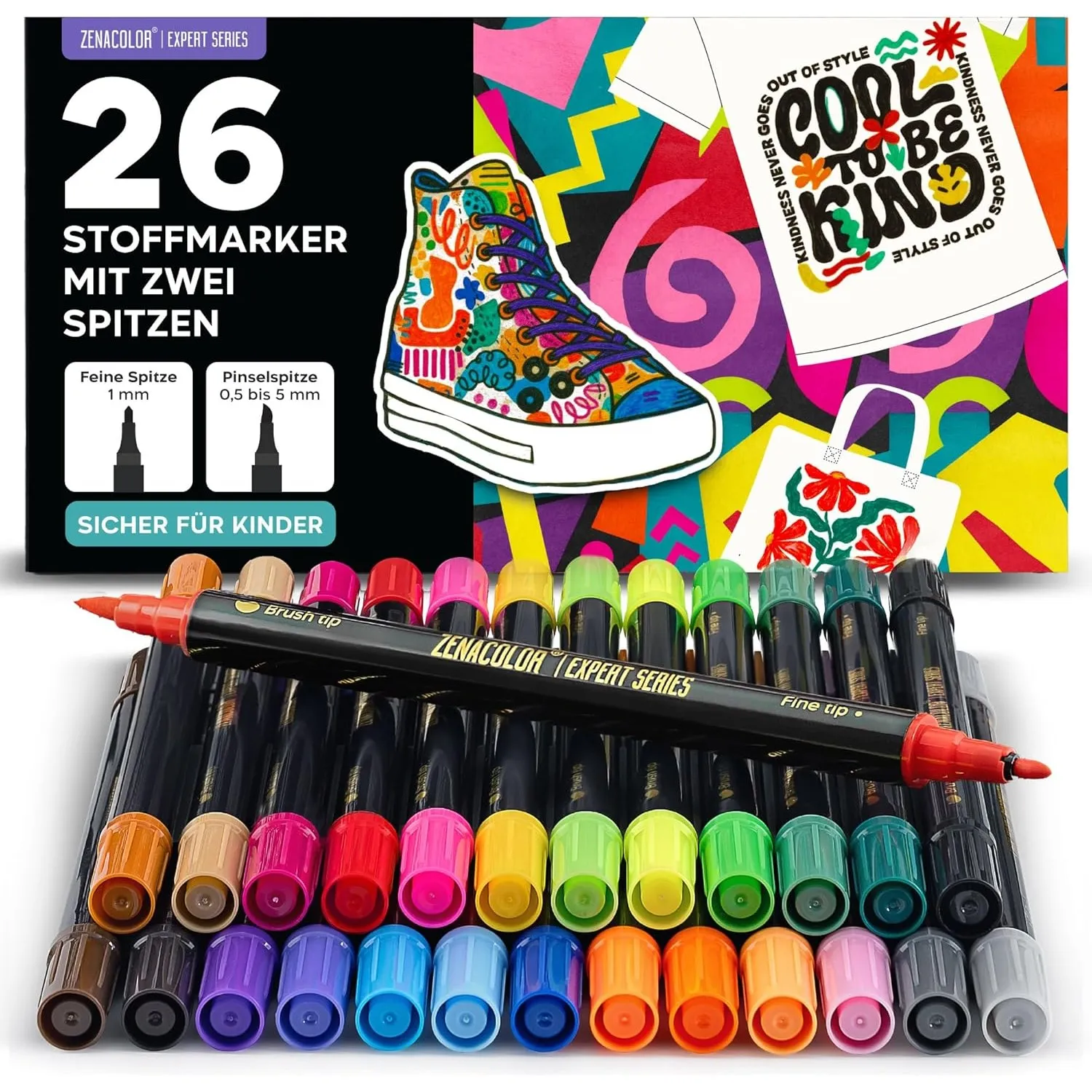 Zenacolor 26 Textilstifte Waschmaschinenfest - Permanente Textilfarbe Doppelspitze - Stoffmalstifte für Textil, T-Shirt…