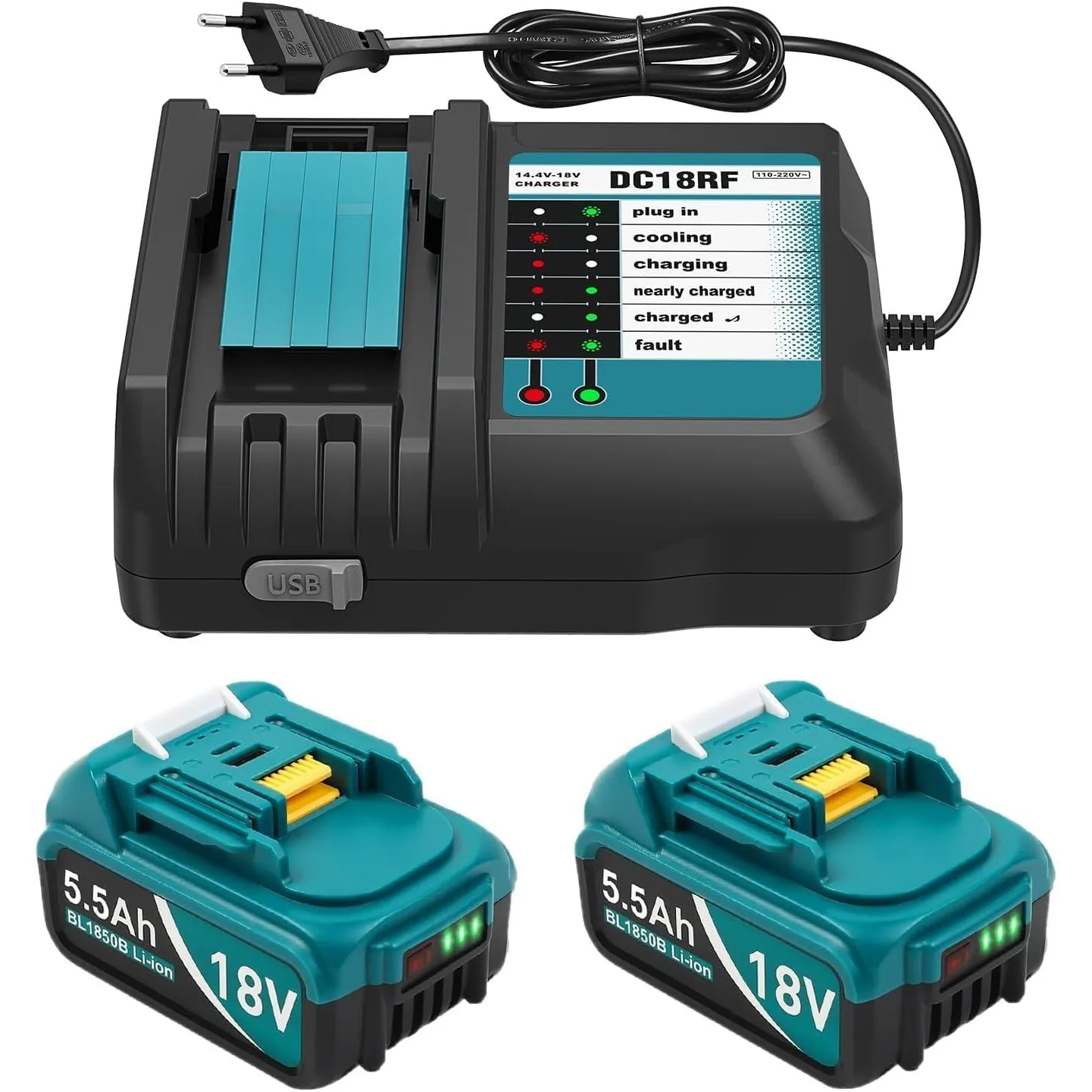 2 Stück 5.5Ah Ersatzakku für Makita Akku 18V und Ersatzladegerät