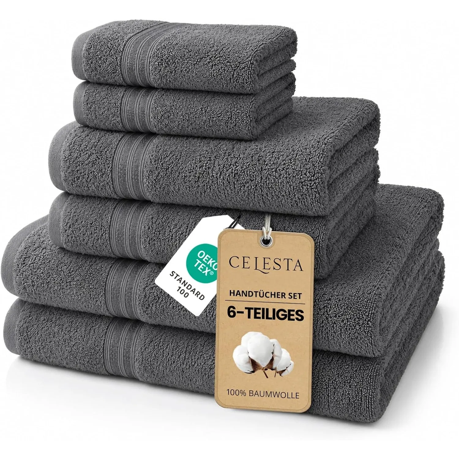 CELESTA 6‑teiliges Handtücher‑Set, 100% Baumwolle Frottee, Dunkelgrau