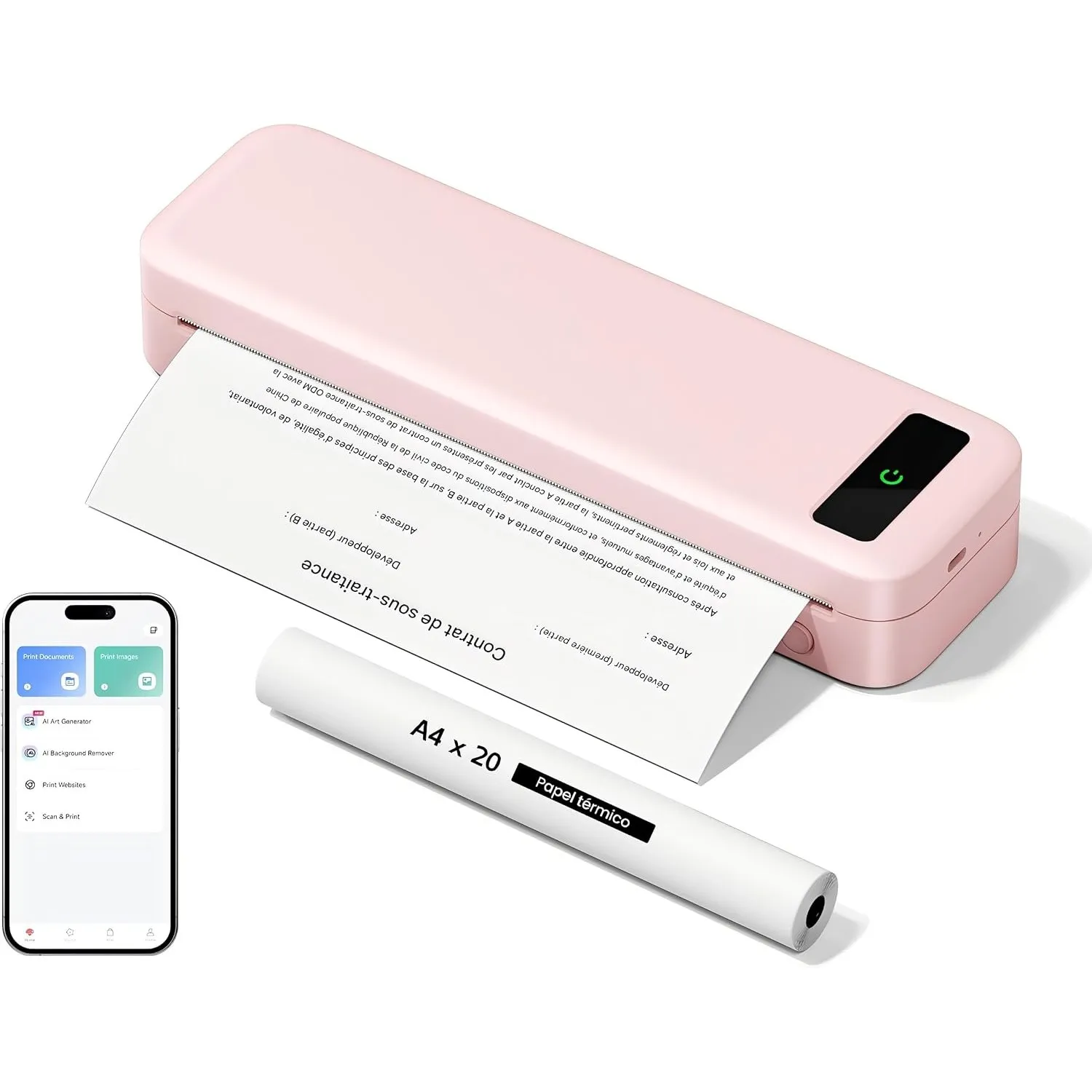 TATTMUSE Mobiler Drucker A4 für Unterwegs Kompatibel mit Phone/PC, Rosa
