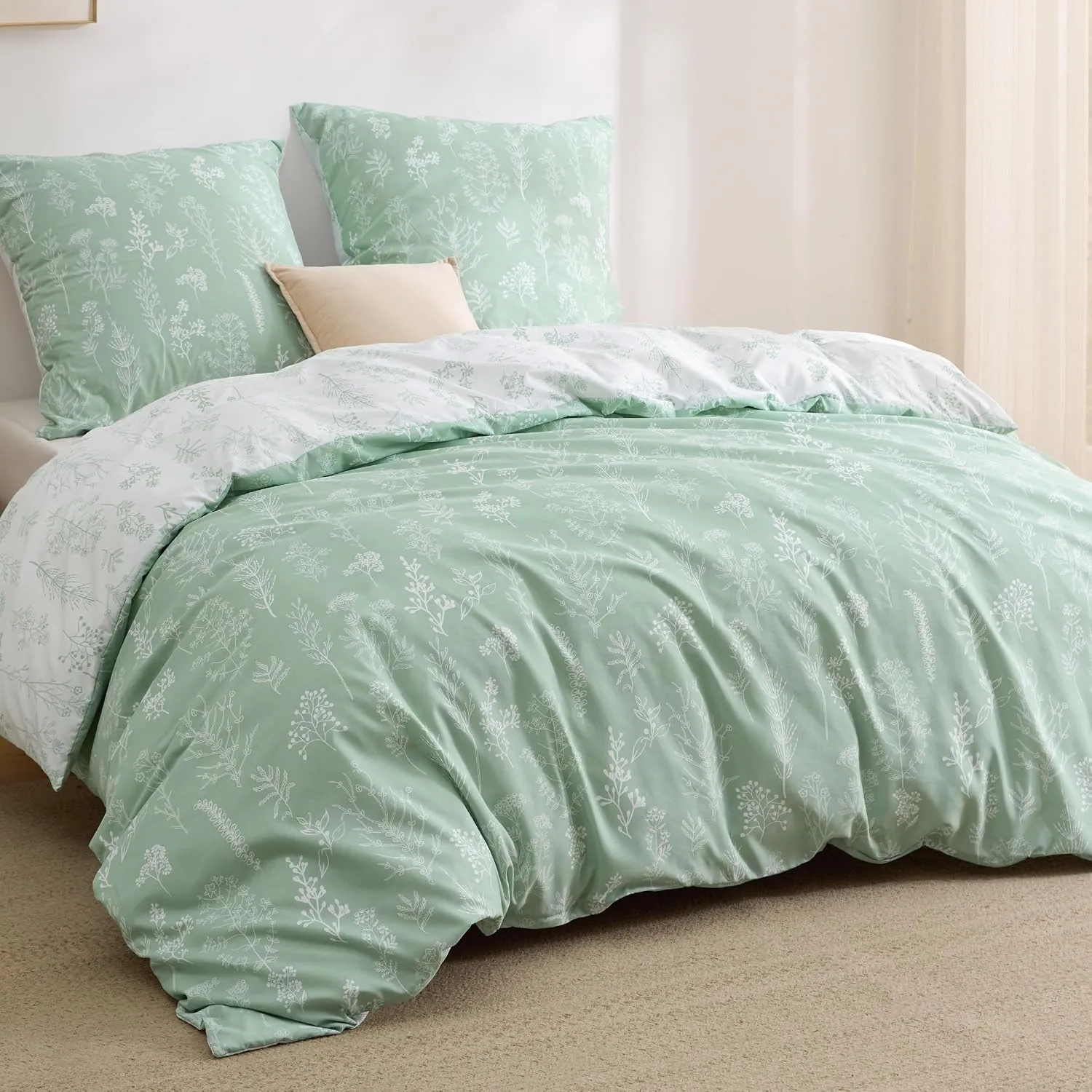 BEDSURE Bettwäsche 200x200 3teilig - Grün Pflanzen, 2x80x80 Kissen | Mikrofaser Bettwäsche-Sets Blumen Wendebettwäsche,…