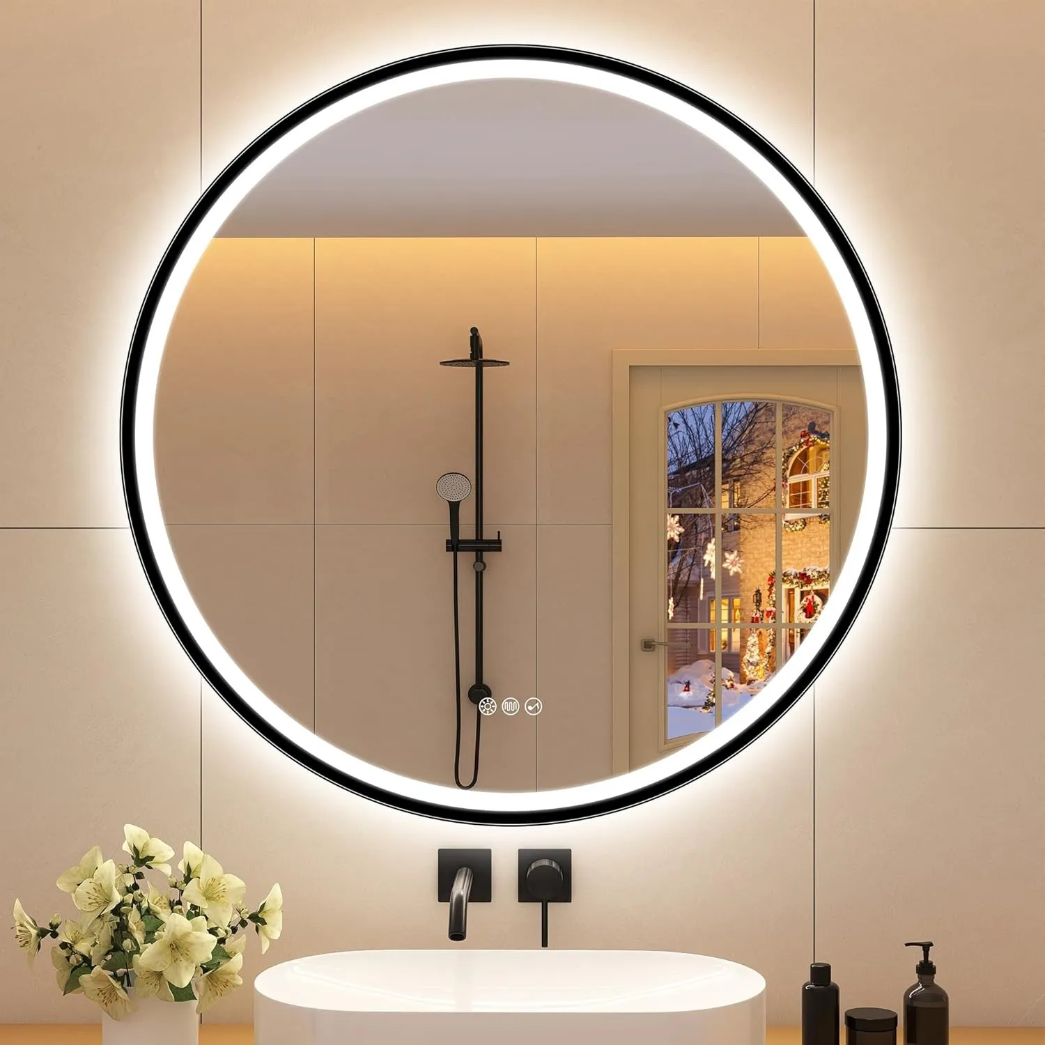 STARLEAD Badspiegel-Rund-mit-Beleuchtung 90cm Diameter, LED-Spiegel-Rund mit Bluetooth, Dimmbar, 3 Lichtfarben, Entfogg…