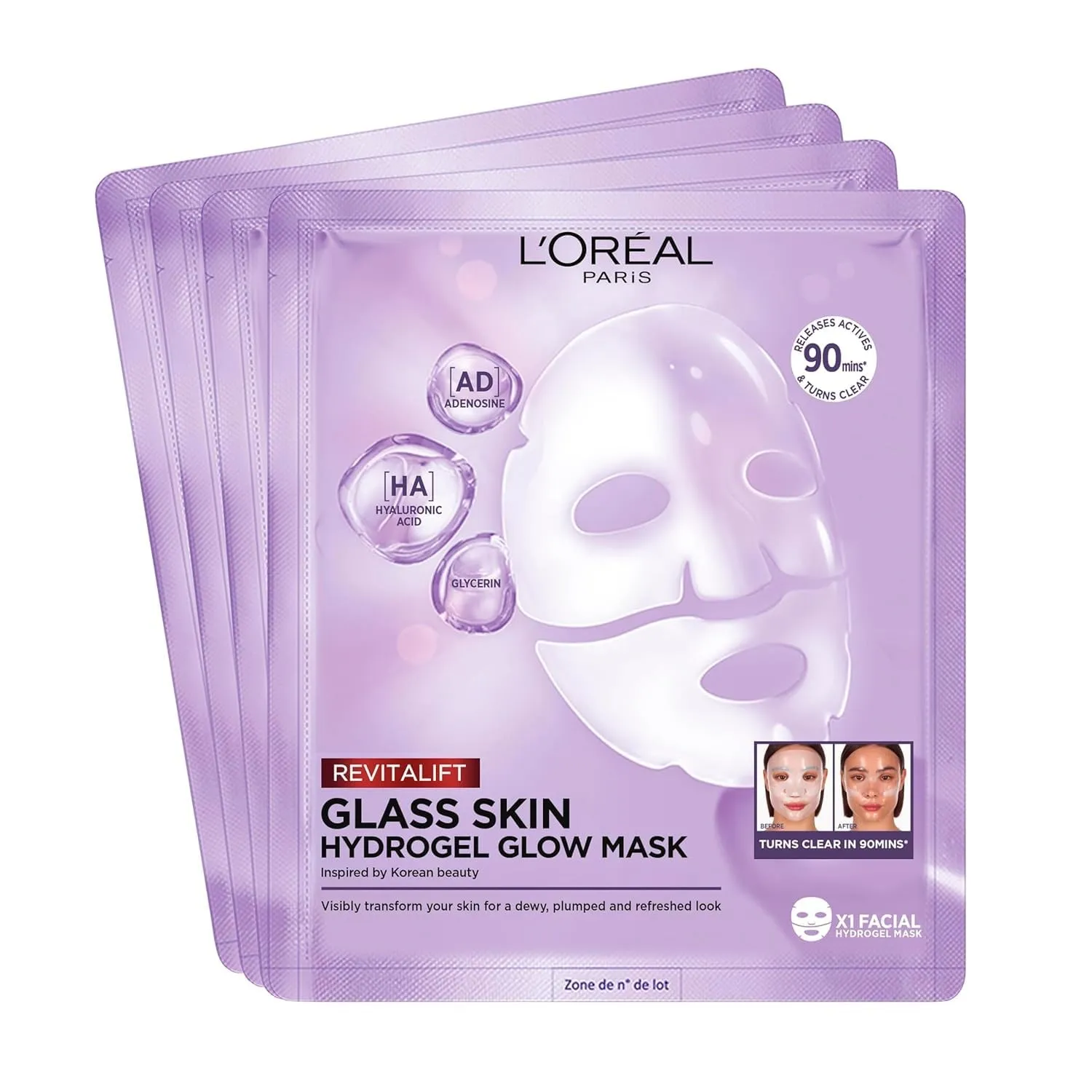 L'Oréal Paris Glass Skin Hydrogel 4er Maskenbox, für aufgepolsterte & glowy Haut, feuchtigkeitsspendend & glättend, [mi…