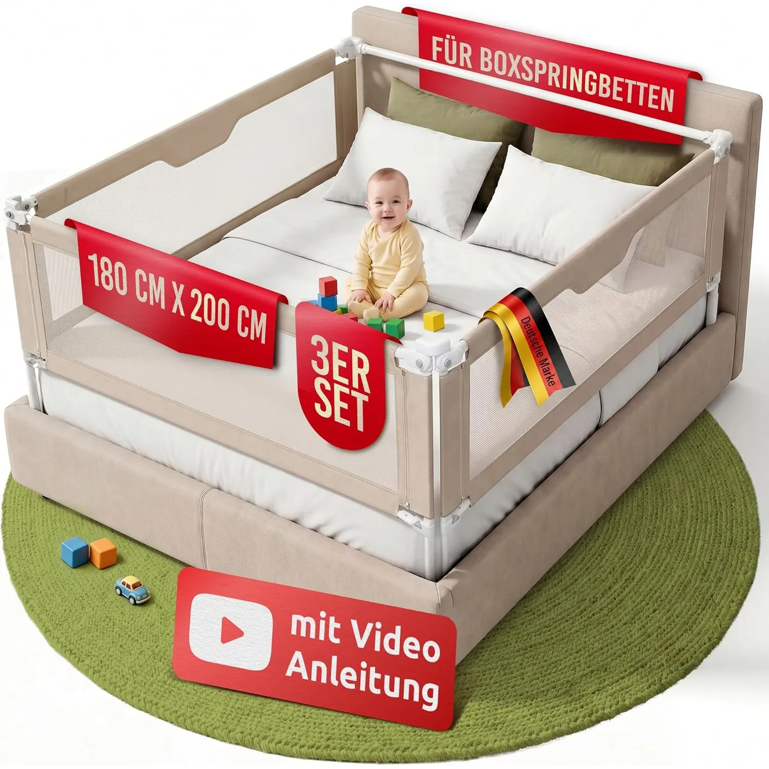 Mallie® Rausfallschutz Boxspringbett 180x200cm Elternbett Beige | 3-seitiges Set mit MALLIEFIX 2.0 Click-System, extra …