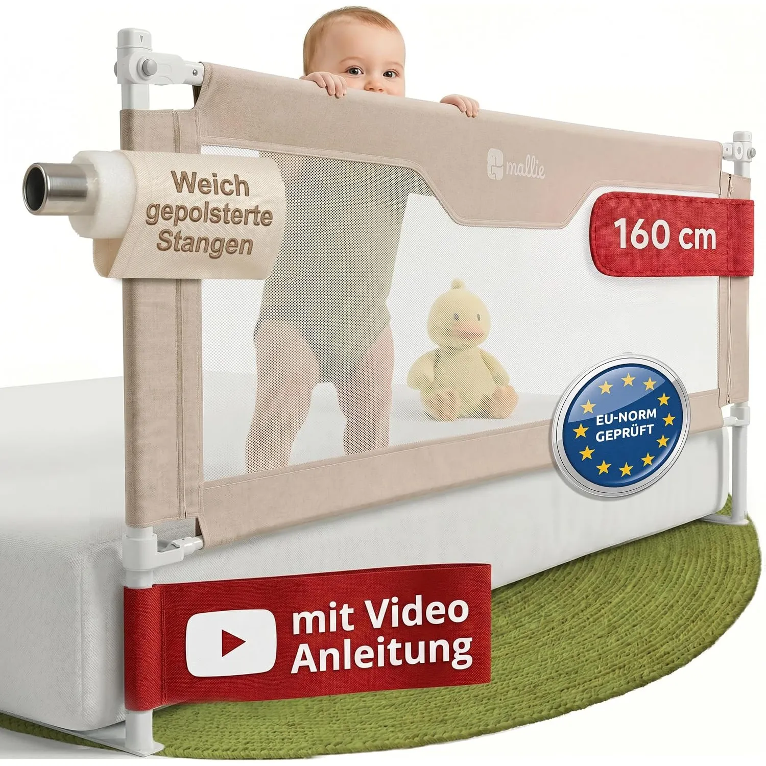 Mallie® Rausfallschutz Bett 160 cm Beige | Bettgitter für eine Seite, höhenverstellbar & lückenlos ohne Spalt | Bettsch…