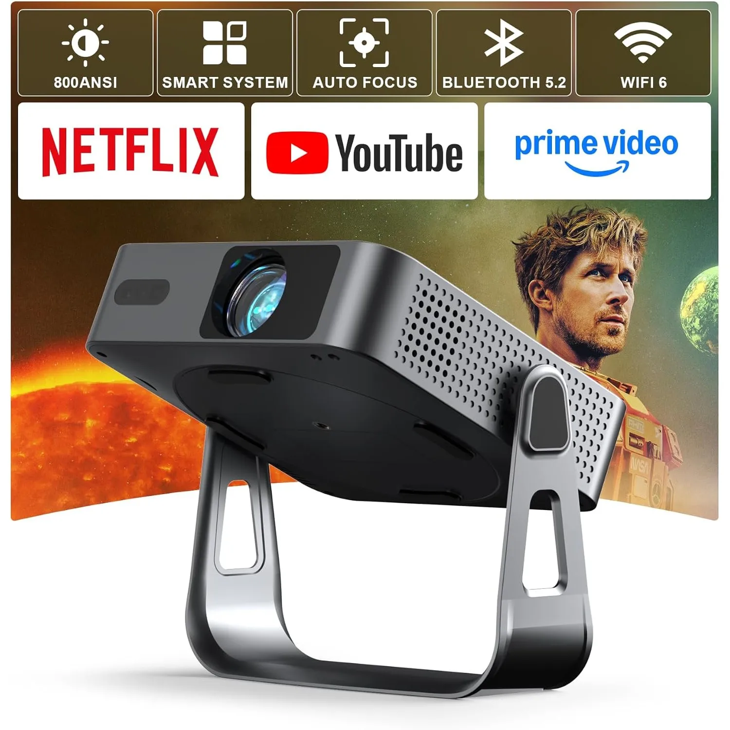 Smart Beamer【800ANSI ＆ Offizielle App】 Mini Projektor mit Autofokus ＆ Trapezkorrektur, VOPLLS 1080P Full HD WiFi6 Bluet…