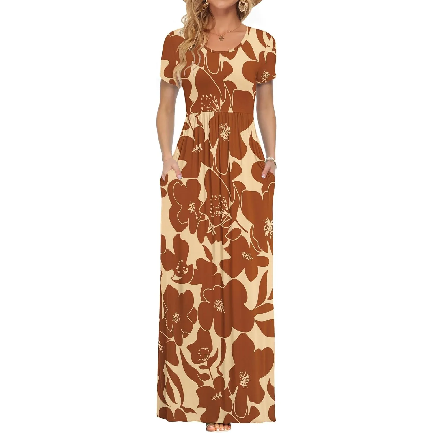 AUSELILY Damen Kurzarm Sommer Casual Long Maxi Kleider mit Taschen