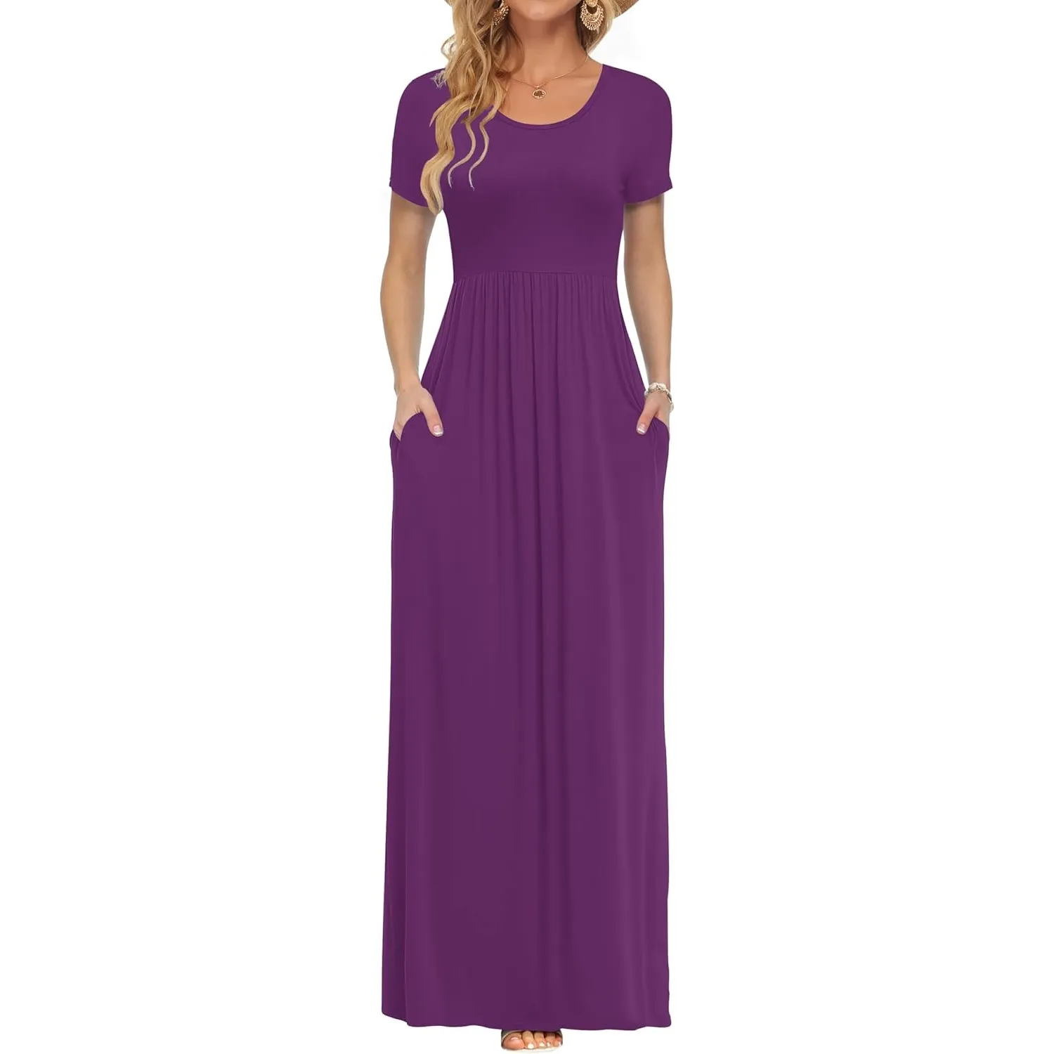 AUSELILY Damen Kurzarm Sommer Casual Long Maxi Kleider mit Taschen