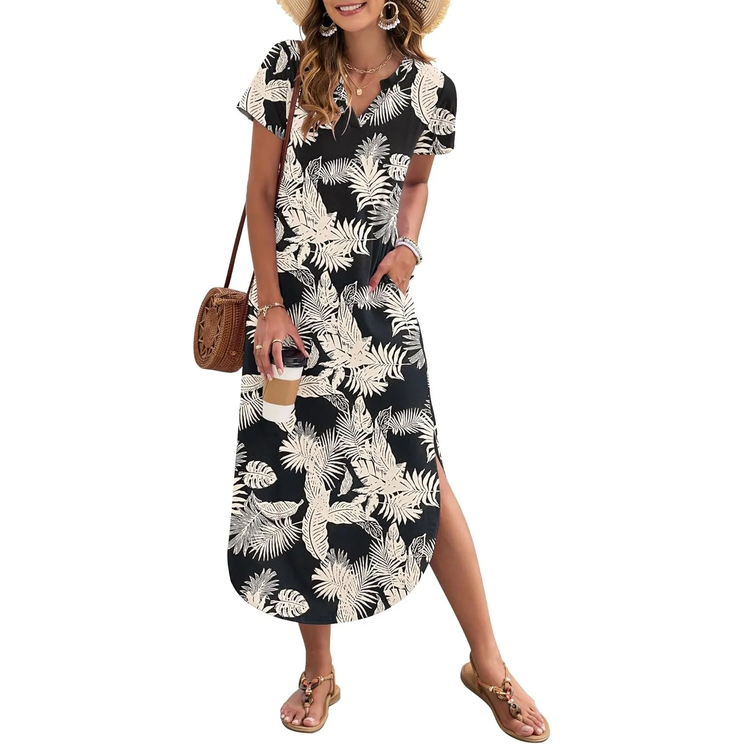 AUSELILY Damen Sommer Maxikleid Kurzarm V-Ausschnitt Lockeres Strandkleid mit Seitenschlitz für Urlaub