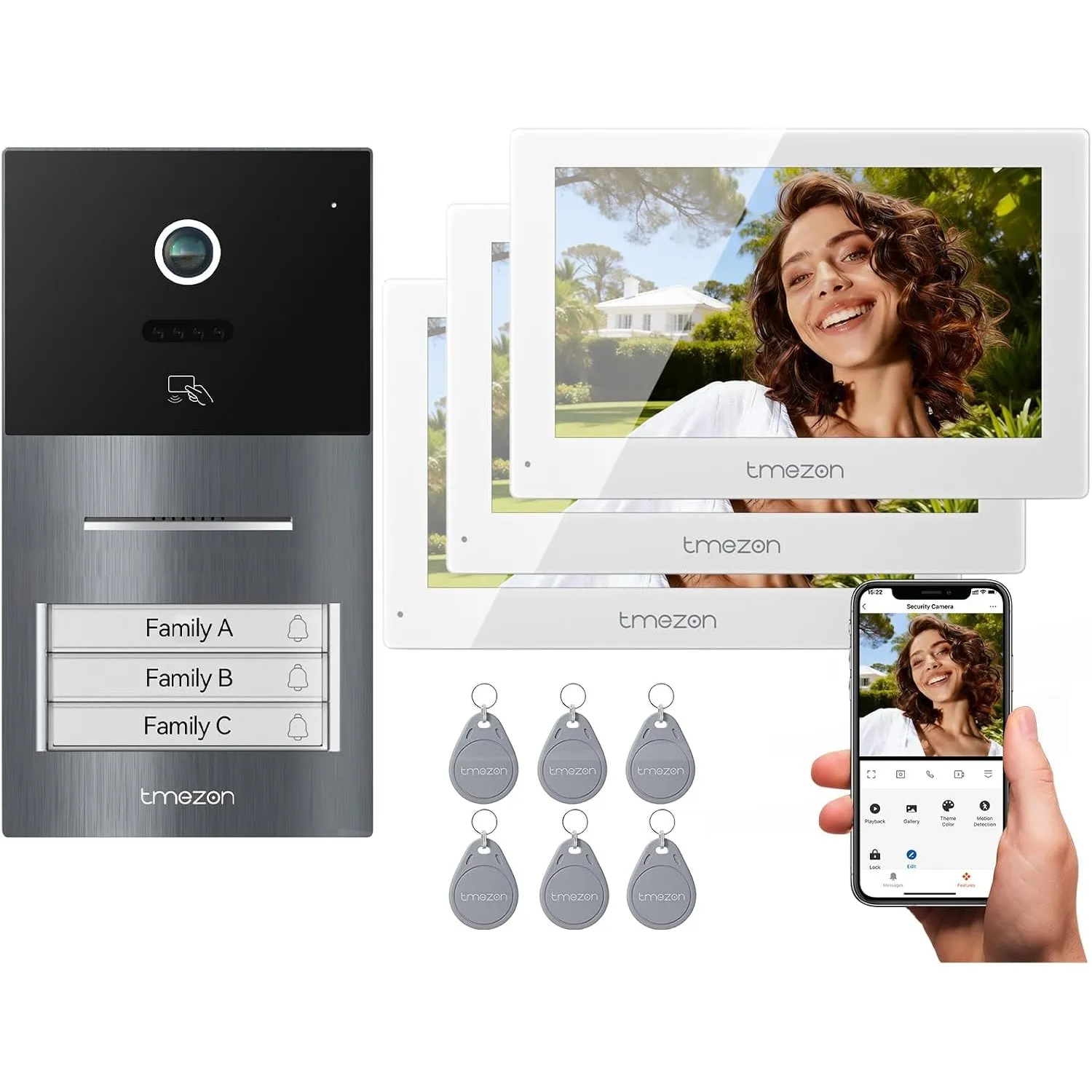 TMEZON WLAN Video Türsprechanlage 3-familienhaus, 7''IP Farb-Touchscreen mit 1080P Metalldoorbell, 2-Draht Installation…