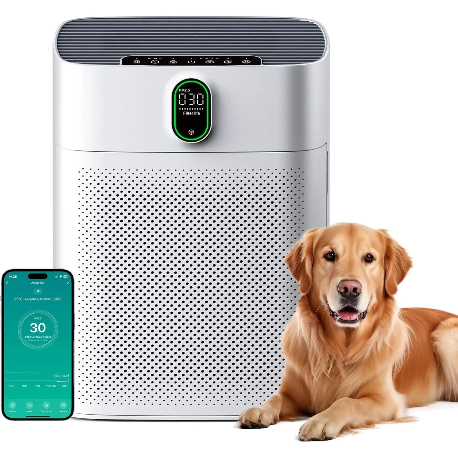 MERONTE Luftreiniger für Allergiker,Air Purifier für Raucherzimmer,Mattweiß