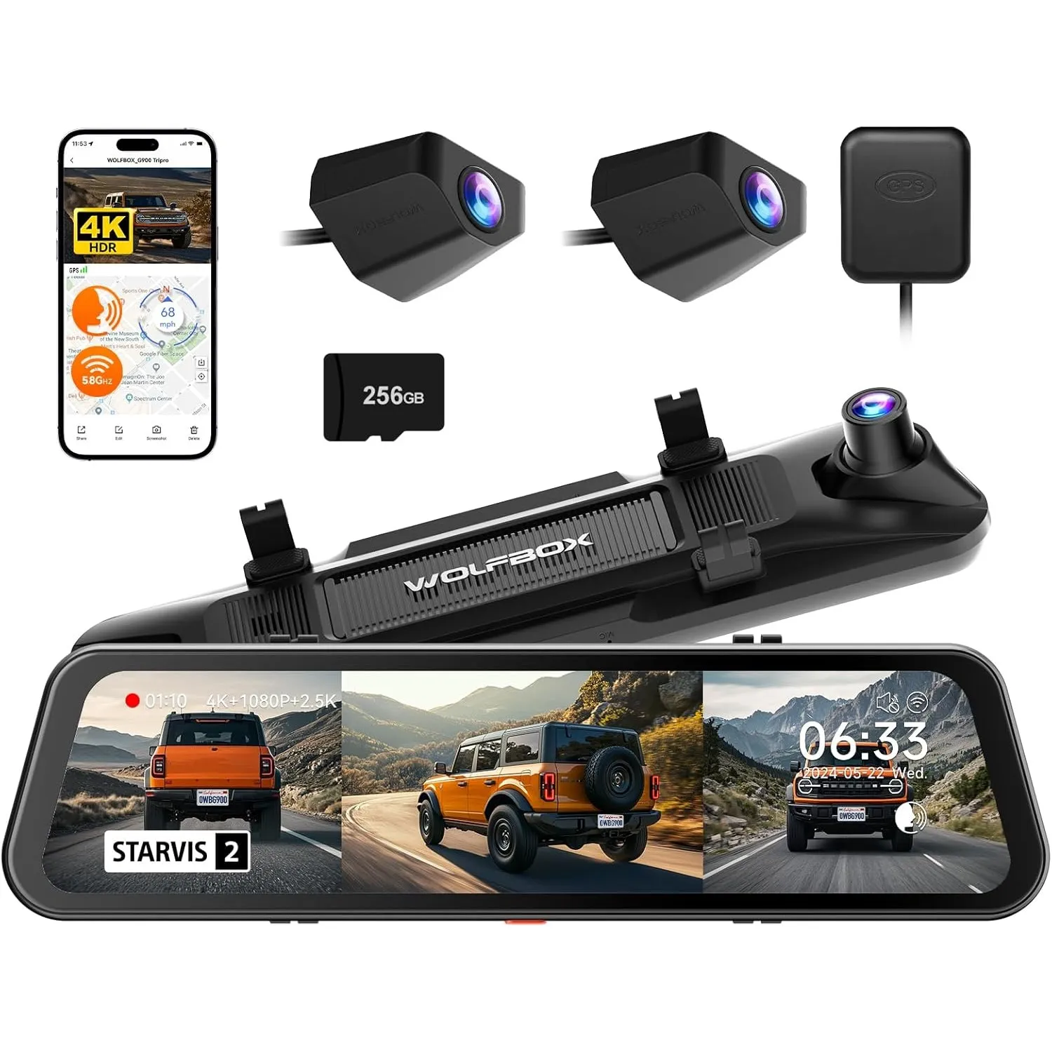 WOLFBOX G900Tripro Stoßstangen-Ausführung 3 Kanal 4K Rückfahrkamera Spiegel