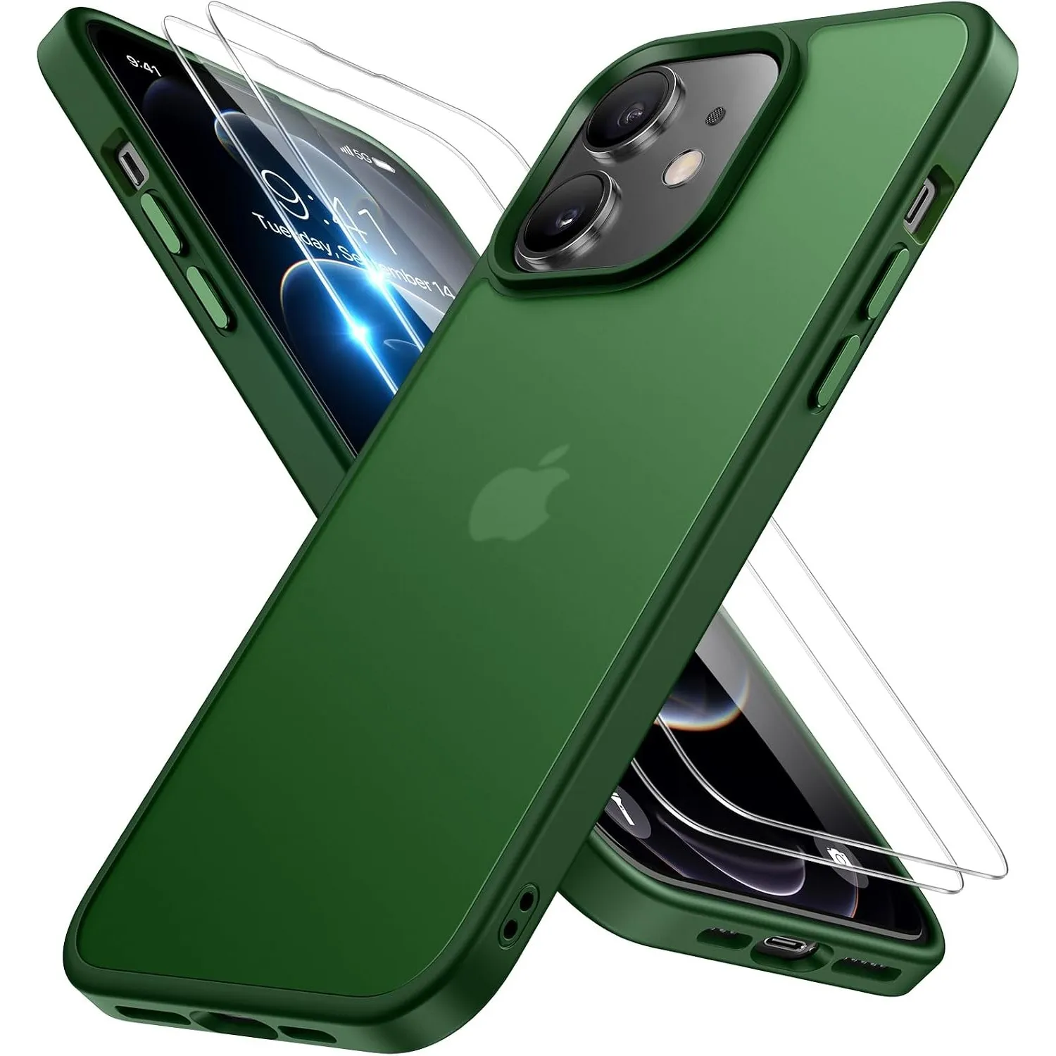 Miracase für iPhone 12/12 Pro Hülle mit 2 9H+ Panzerglas, Grün-w