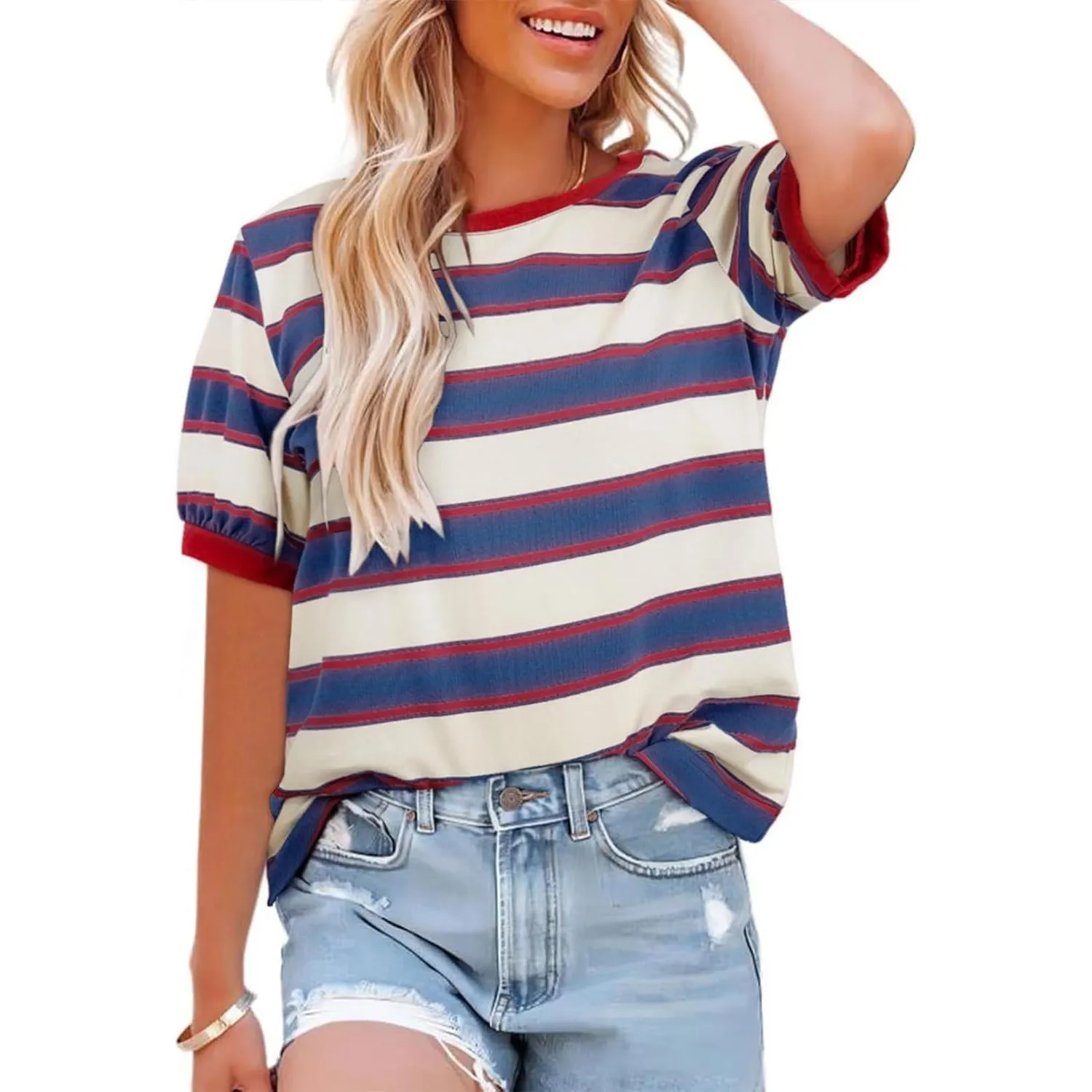 Cuptacc Tshirt Damen Rundhals Locker Oberteile Bunt Gestreiftes Tunika Damen Sommer Casual Baumwolle T Shirt Kontrast K…