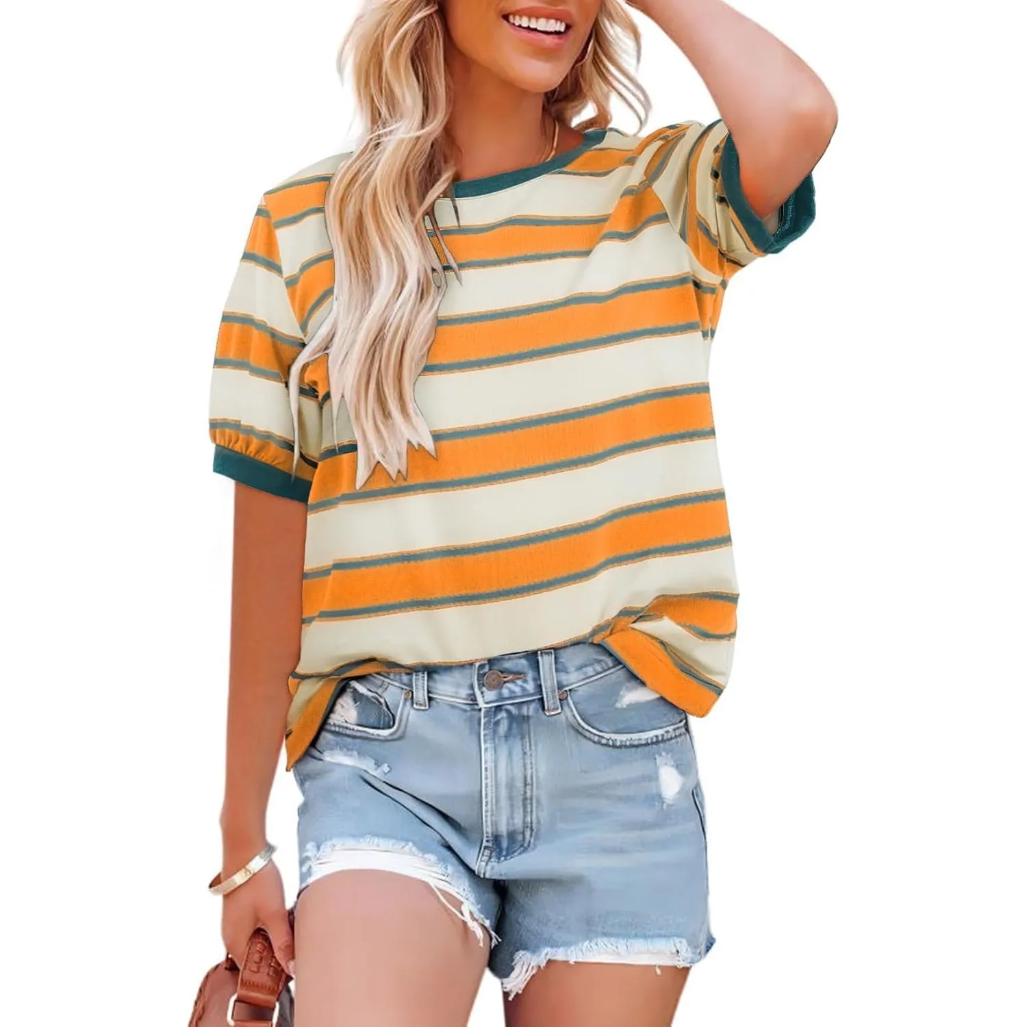 Cuptacc Tshirt Damen Rundhals Locker Oberteile Bunt Gestreiftes Tunika Damen Sommer Casual Baumwolle T Shirt Kontrast K…