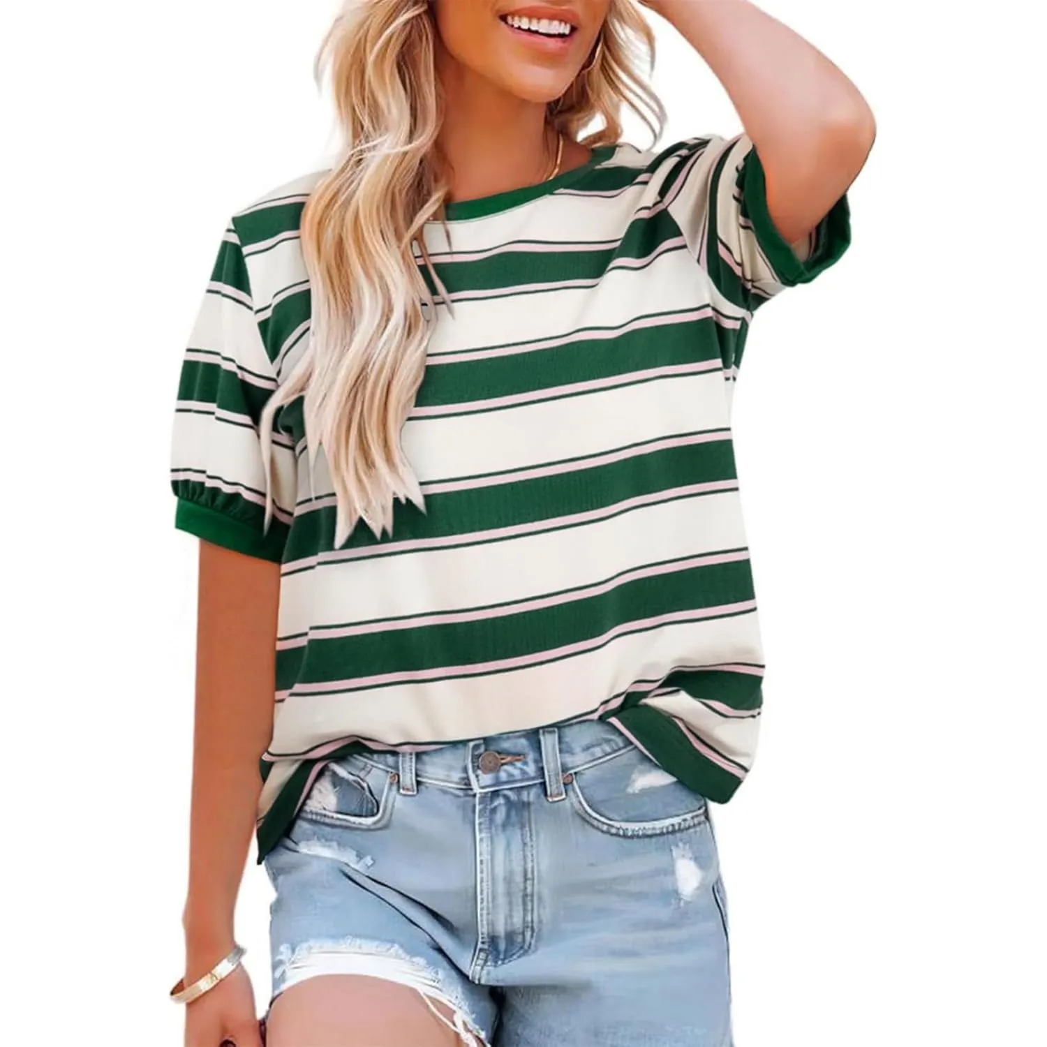 Cuptacc Tshirt Damen Rundhals Locker Oberteile Bunt Gestreiftes Tunika Damen Sommer Casual Baumwolle T Shirt Kontrast K…