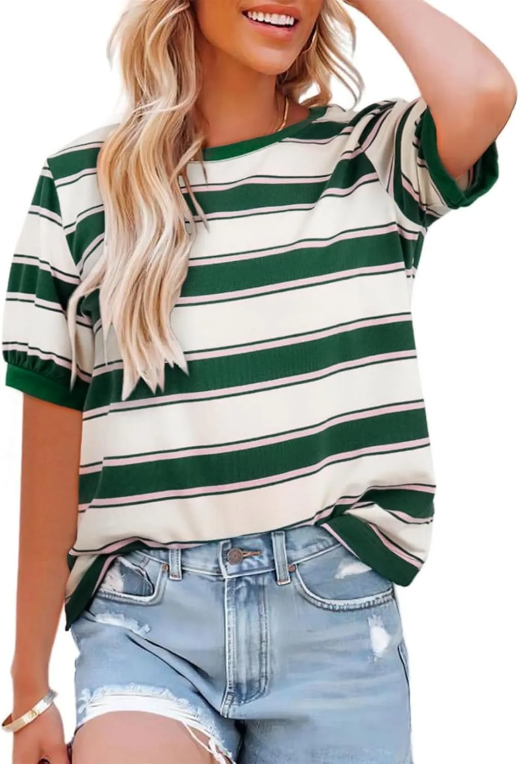 Cuptacc Tshirt Damen Rundhals Locker Oberteile Bunt Gestreiftes Tunika Damen Sommer Casual Baumwolle T Shirt Kontrast K…