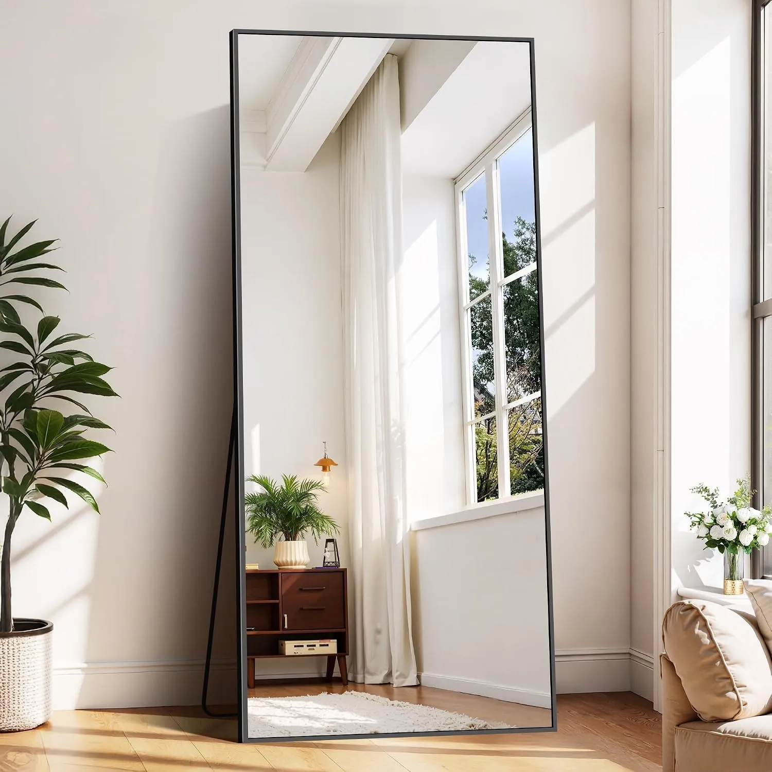 BONEWEI Ganzkörperspiegel 203 x 91 cm, Groß Standspiegel mit schwarzem Aluminiumrahmen, Großer Wandspiegel, Rechteckige…