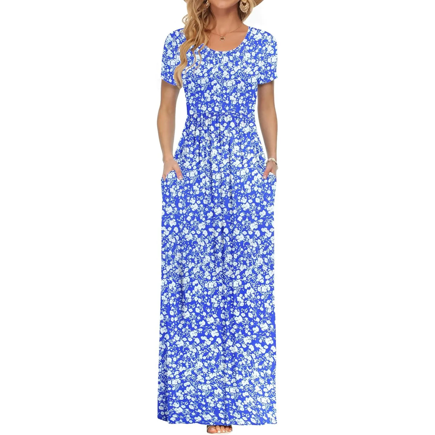 AUSELILY Damen Kurzarm Sommer Casual Long Maxi Kleider mit Taschen | Ganzjähriges Tragen, solider Blumendruck, Freizeit…