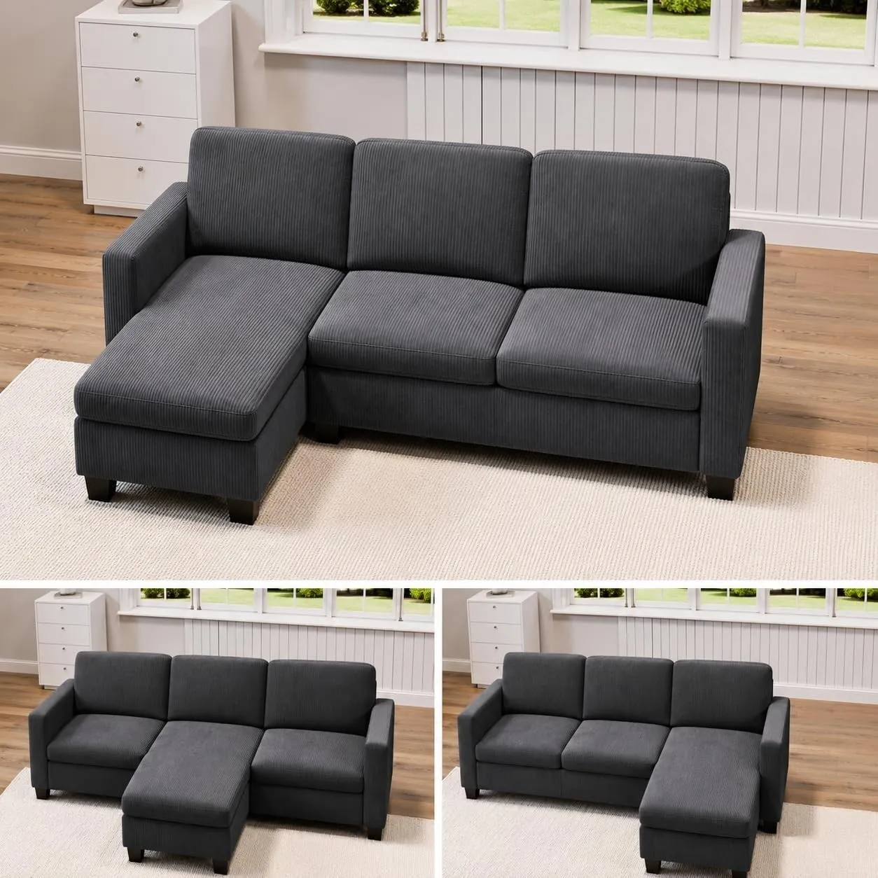 Xbro Ecksofa, Eckcouch L-Form Sofa Mit Ottomane, 3-Sitzer Wohnzimmer Sofa Für Kleine Räume, Modulare Chaiselongue, Cord…