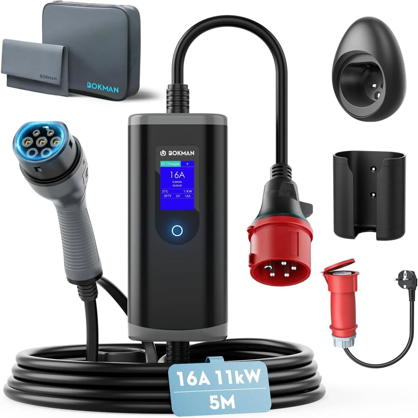 bokman Typ 2 Ladekabel mit CEE Stecker & Adapterkabel 11kW 5 Meter