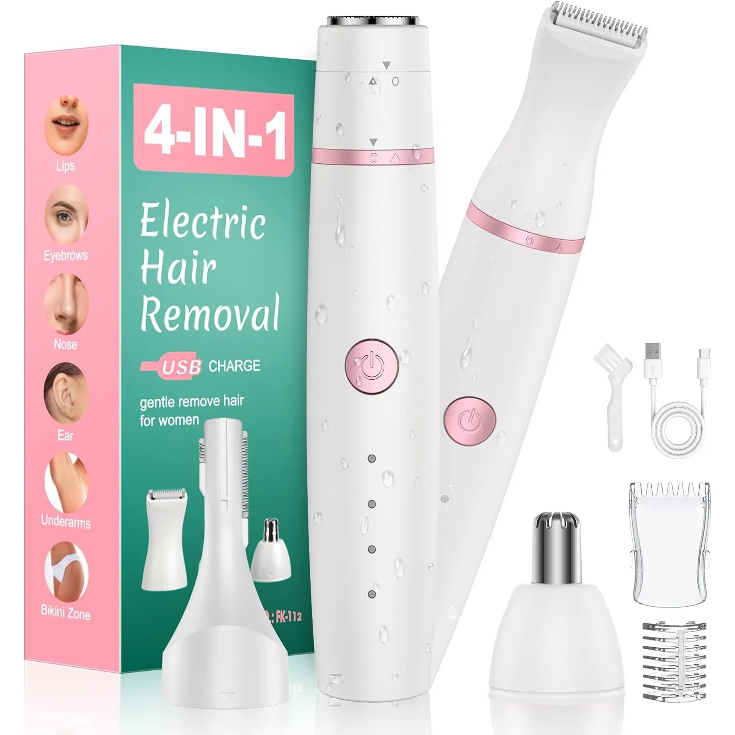 Rasierer Damen,4-In-1 Intimrasierer für Frauen,Gesichtshaarentferner,Nasenhaartrimmer&Augenbrauenrasier, Trocken&Nass D…
