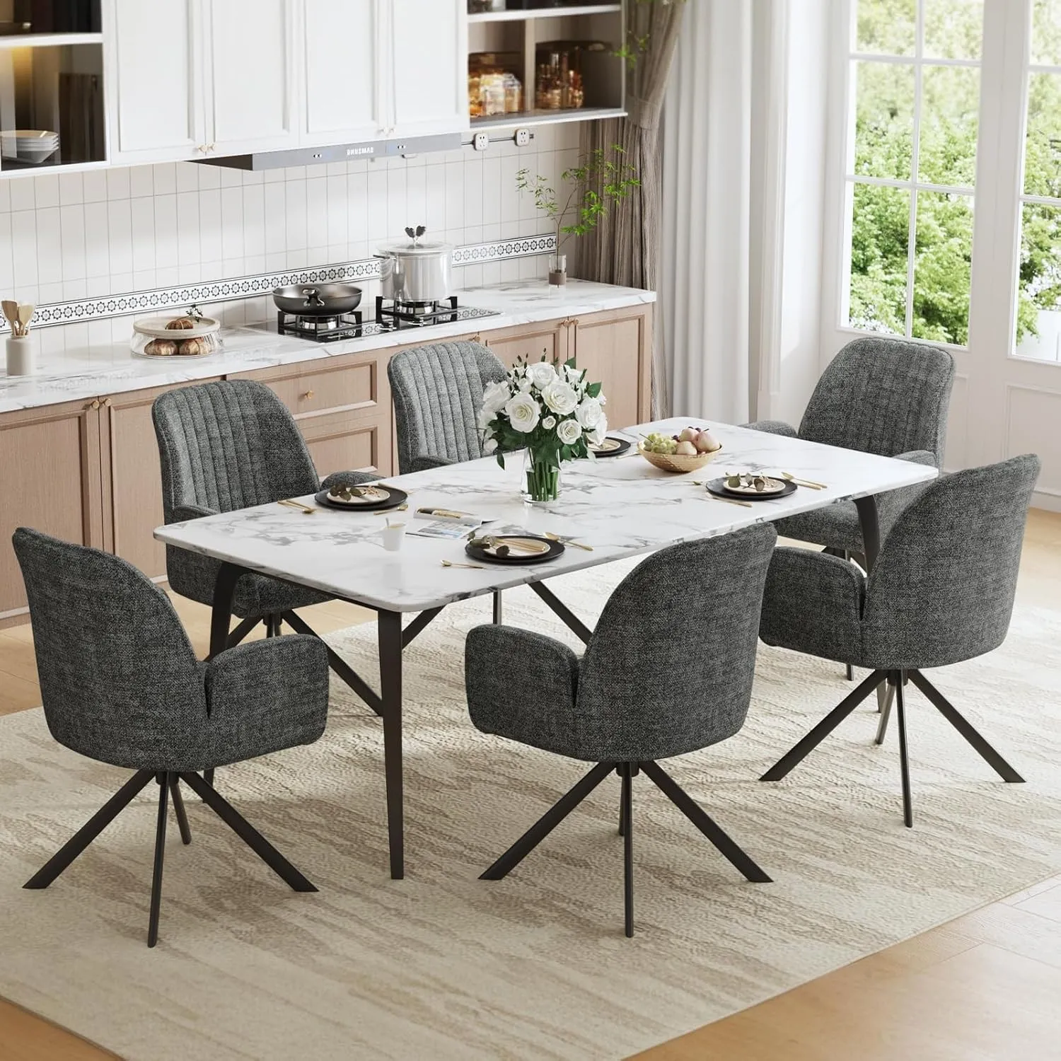 6er Set Esszimmerstühle Drehbar mit Armlehne, 360°Drehbar Polsterstuhl Küchenstuhl aus Chenille, Stühle Esszimmer Schmi…