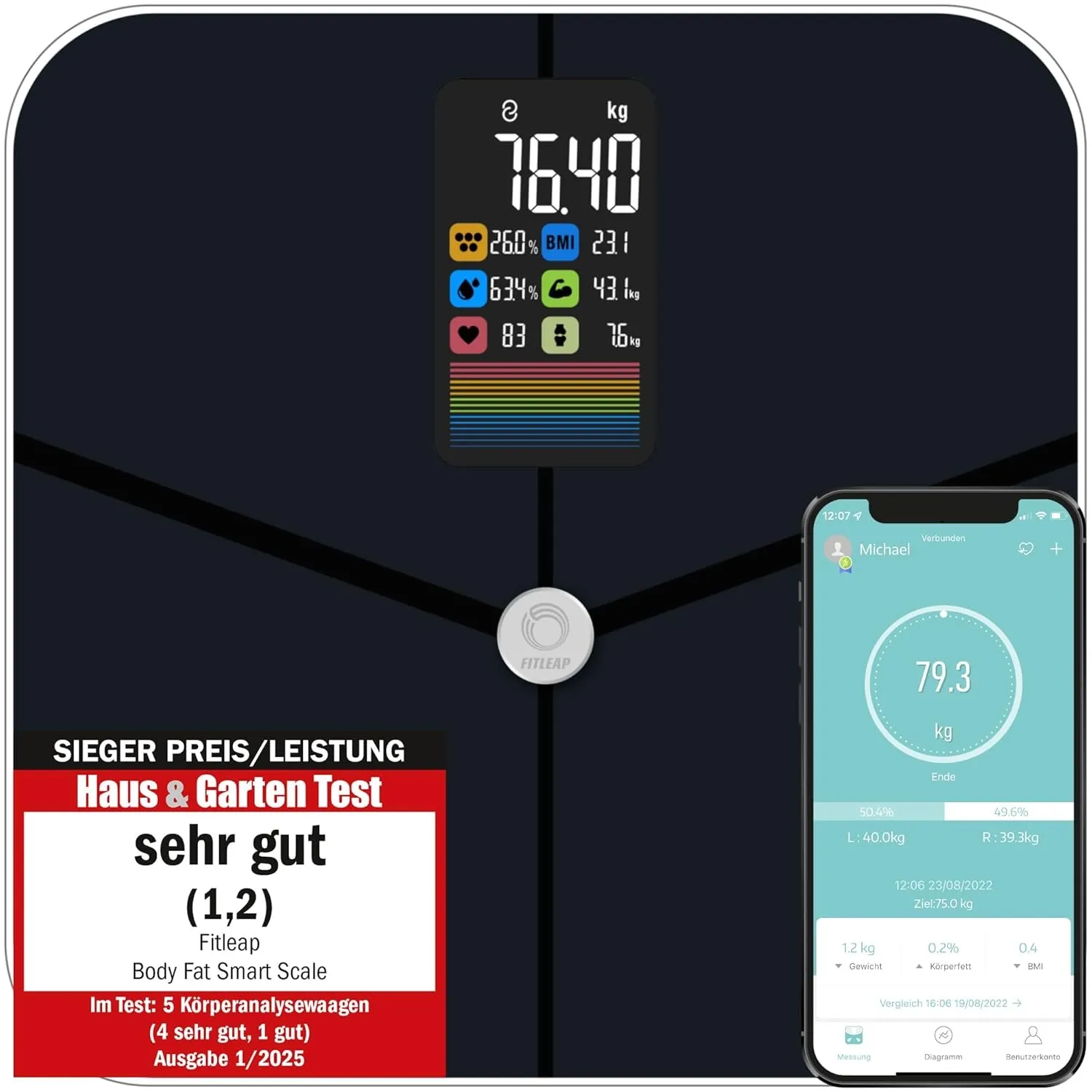 Fitleap Körperfettwaage mit Körperfettanalyse, digitale Bluetooth Personenwaage mit App-Funktion, Waage mit Körperzusam…