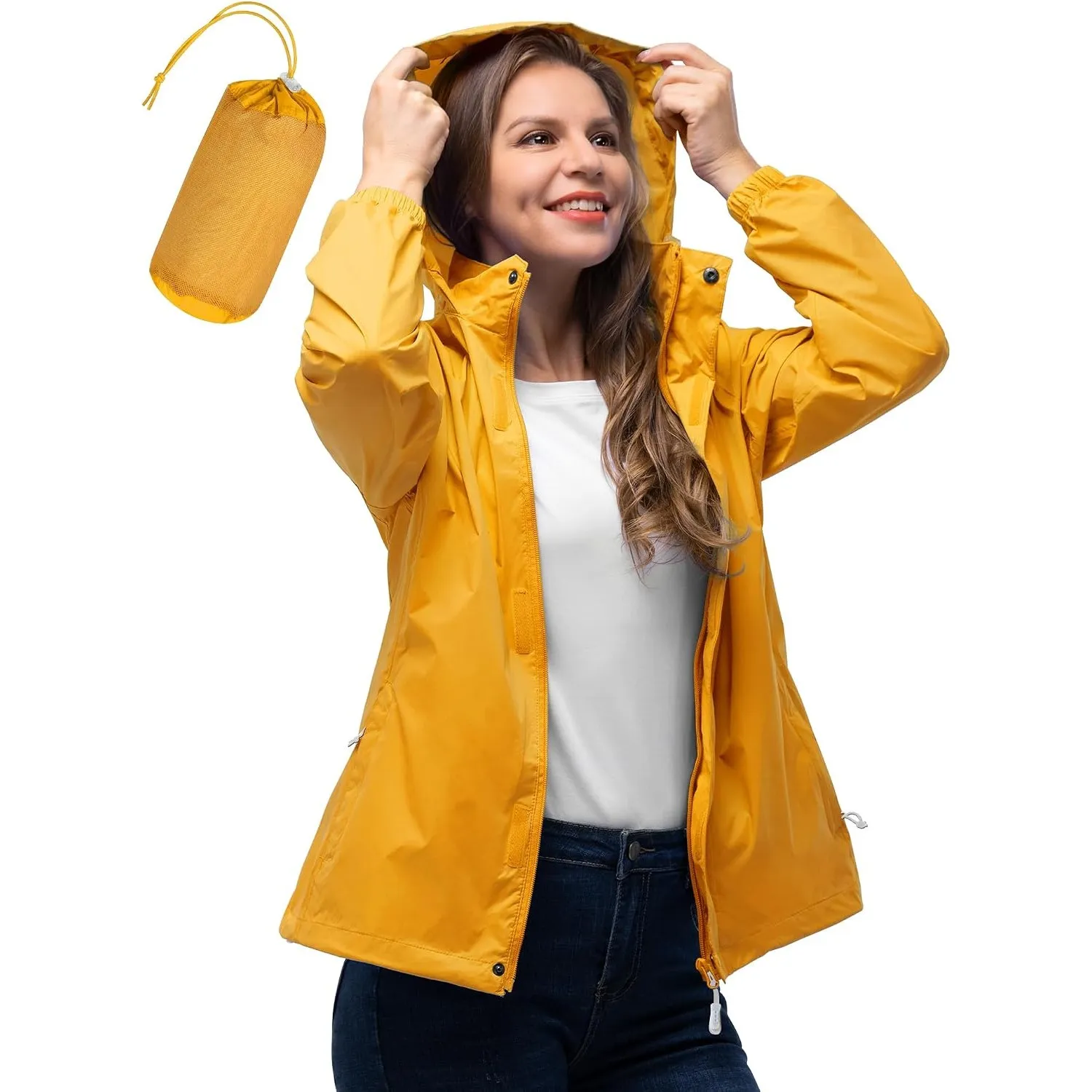 33,000ft Damen Wasserdichte Faltbar Regenjacke mit Kapuze, Leicht Atmungsaktive Windbreaker Jacke, Fahrradjacke für Fra…