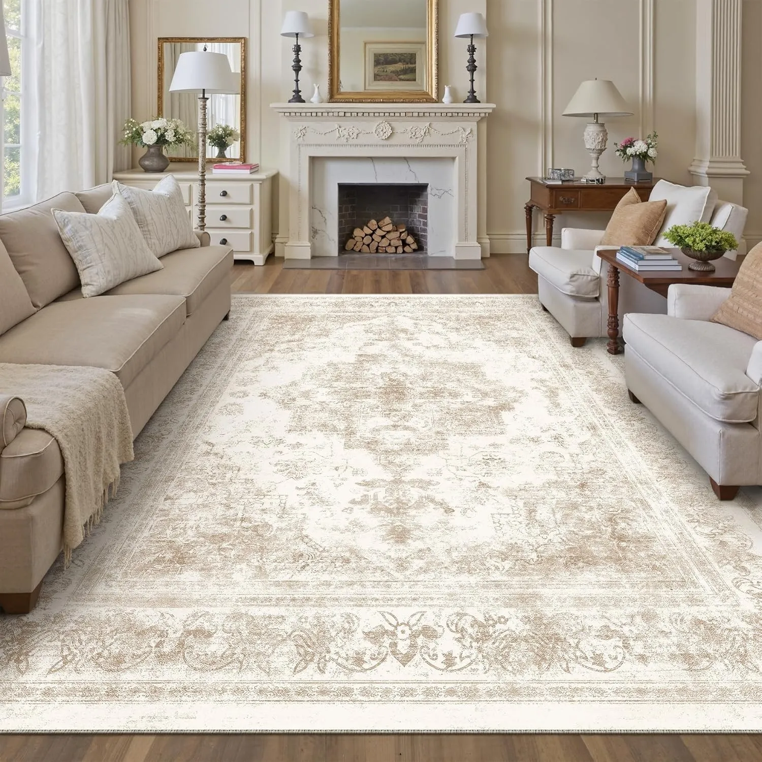 HUGEAR Creme Vintage Teppich Wohnzimmer 300x400cm Waschbar