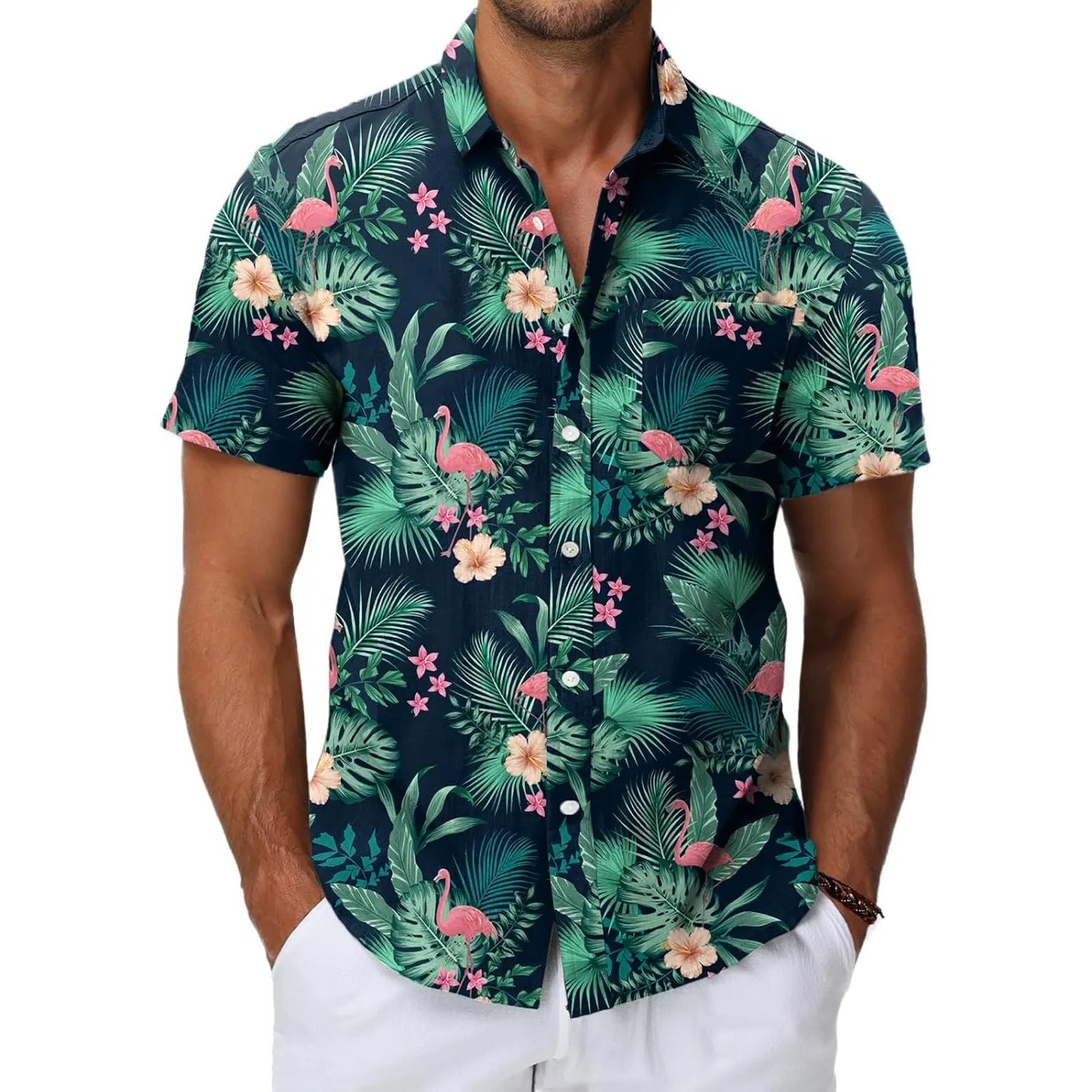 HMIYA Herren Hawaii Hemd Männer 100% Baumwolle Unisex Kurzarm Vordertasche Button Down Sommer Freizeit Urlaub Strand