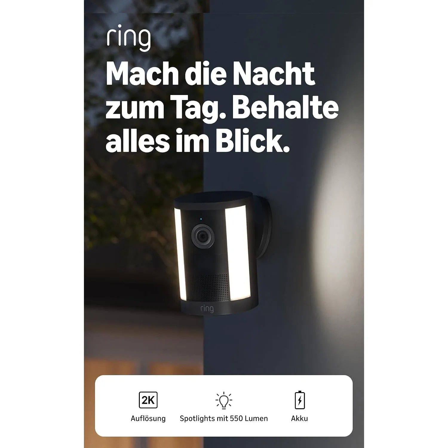 Ring Spotlight Kamera (Spotlight Cam), Akku (neueste Generation), Weitwinkel-Video in Retinal 2K, optimierter 6x-Zoom, …