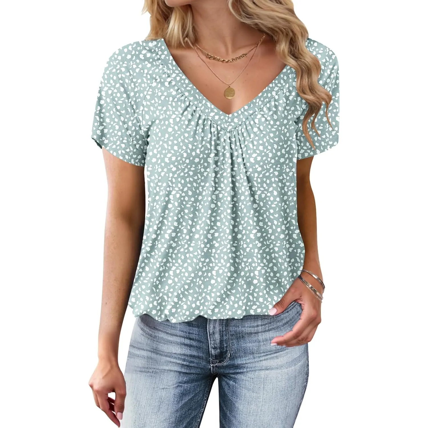 WNEEDU Tshirt Damen Sommer - Basic T-Shirt Damen V Ausschnitt Tops Kurzarm Oberteile Casual Lockere Bluse mit Plissiert…