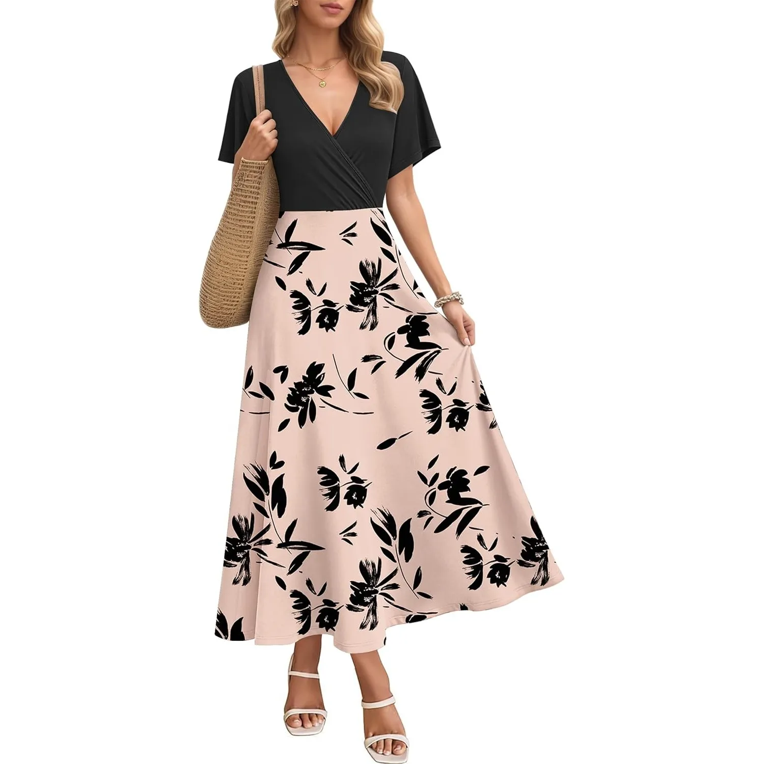 AUSELILY Maxikleider Damen Sommer Kleid Lässig Hohe Taille Lockere Passform Mit Taschen