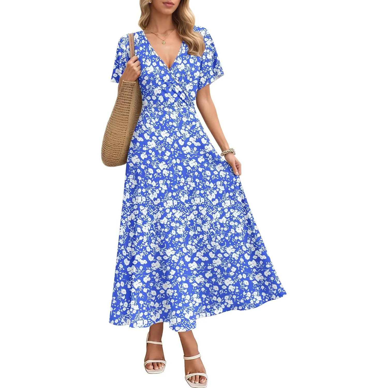 AUSELILY Maxikleider Damen Sommer Kleid Lässig Hohe Taille Lockere Passform Mit Taschen