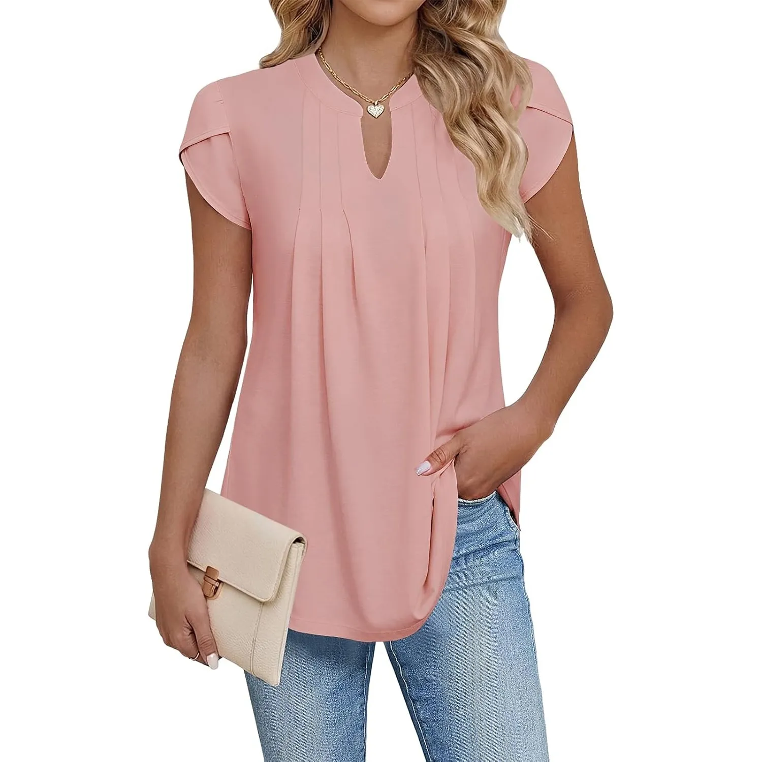 Cuptacc Damen Sommer Tunika V-Ausschnitt Blütenblatt Ärmel Bluse Elegant Lässig Basic Top S–XXL