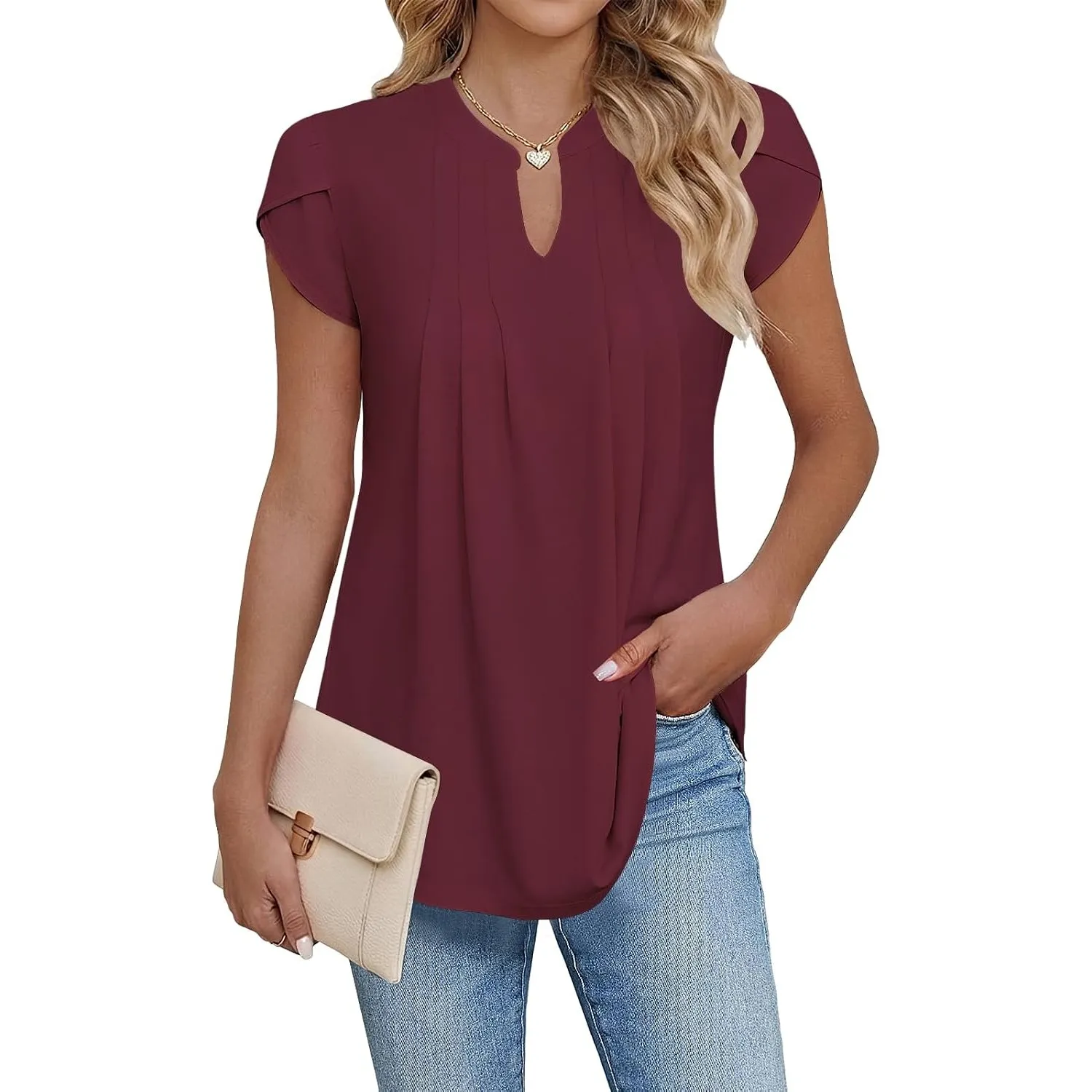 Cuptacc Bluse Damen Elegant V-Ausschnitt Kurzarm Oberteile Sommer Blusen | Sommer,Blütenblatt Ärmel,Elegant,Lässig,Plea…