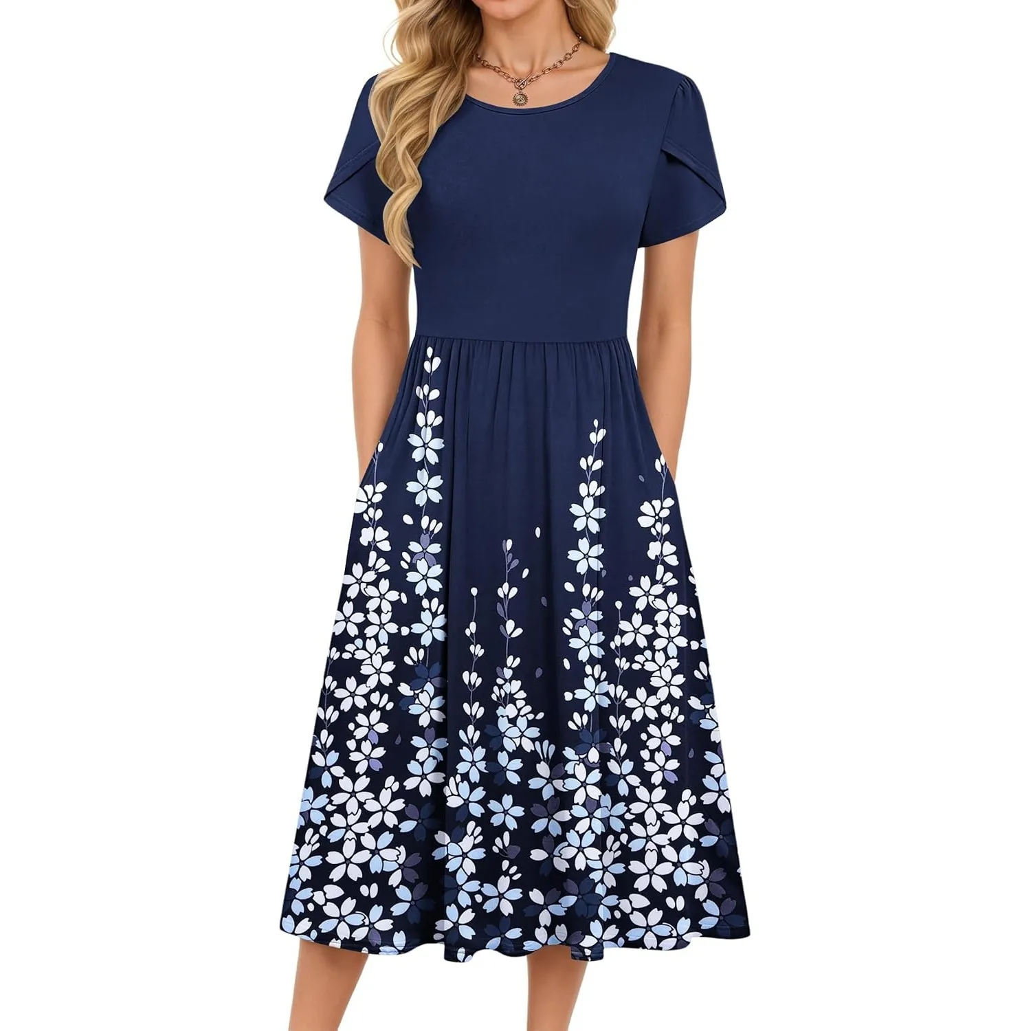MOLERANI Damen Sommerkleider - Kurzarm Rundhals Midikleid Knielang Freizeitkleider Lose A-Linie Kleider mit Tasche