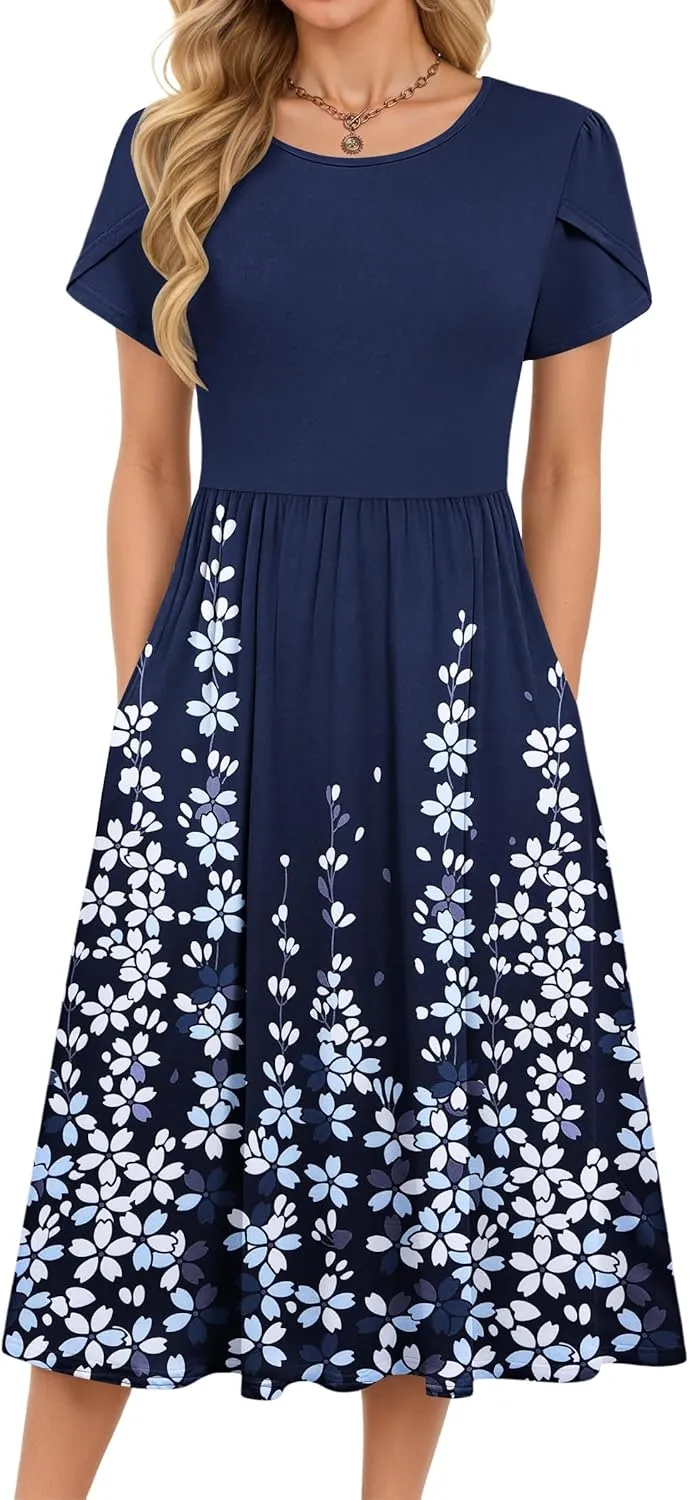 MOLERANI Women's Summer Dresses - Short Sleeve Round Neck Midi Dress Knee-Length Casual Dresses Loose A-line Dresses wi…