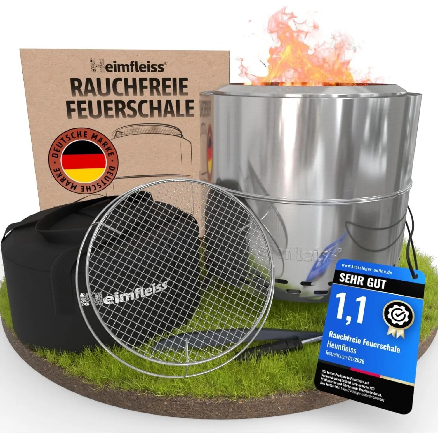 Heimfleiss® Rauchfreie Feuerschale Edelstahl Ø50cm - Grillrost | Silbe