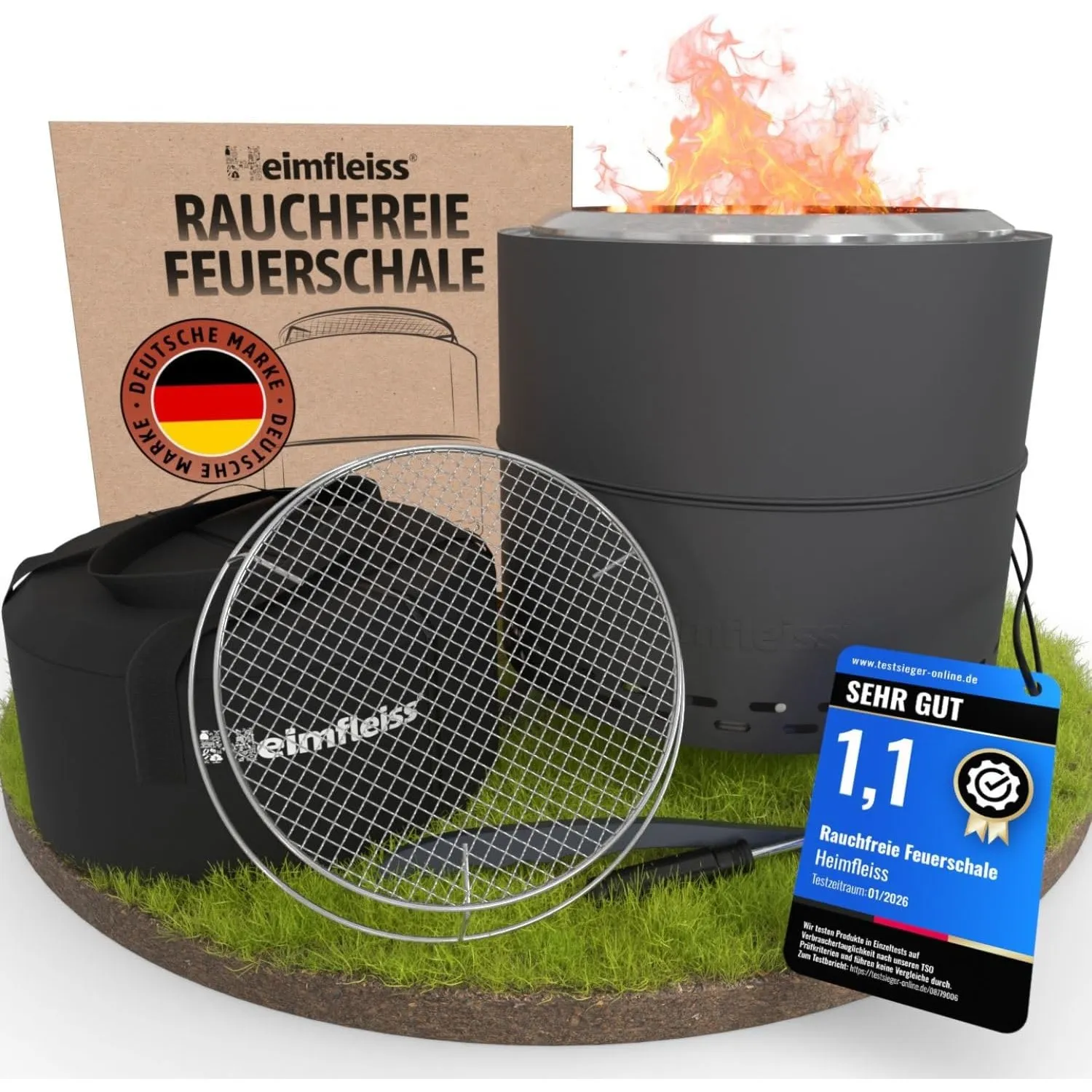 Heimfleiss® Rauchfreie Feuerschale Edelstahl Ø50cm - Grillrost | Schwarz