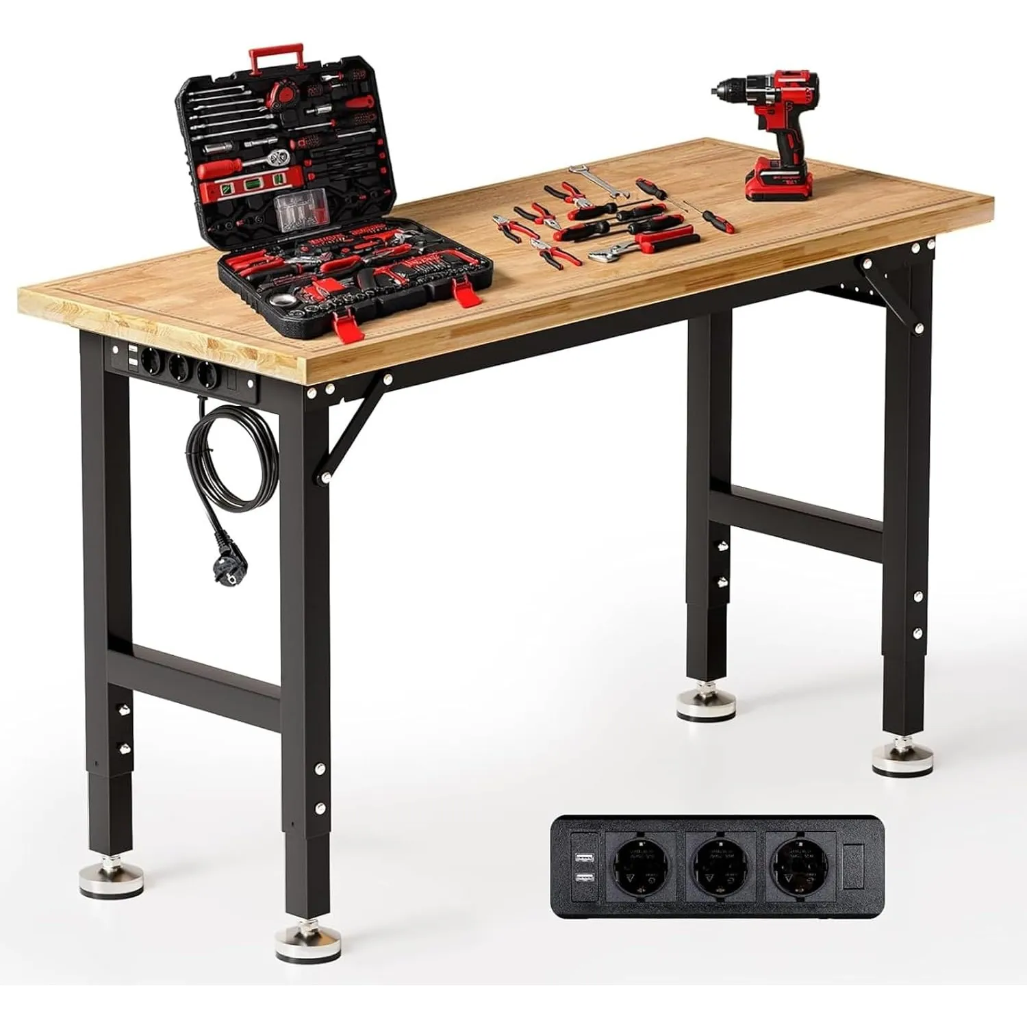 TLGREEN Schwerlast Werkbank Verstellbare, 122cm Werktisch aus Gummibaumholz