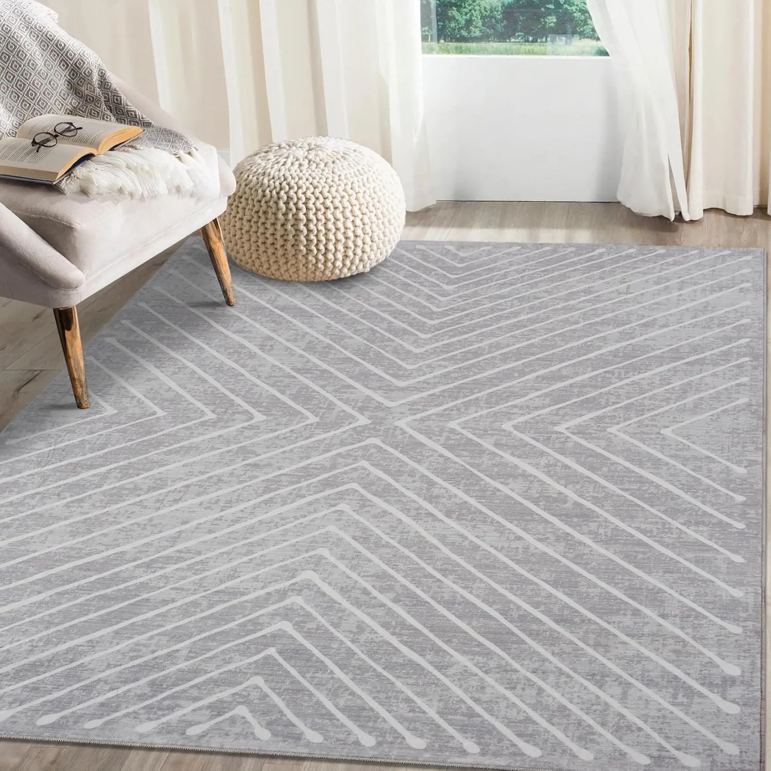 Waschbarer Teppich 120x170 cm, Minimalistischer Wohnzimmerteppich mit symmetrischem Linien-Design, Geometrisch & rutsch…