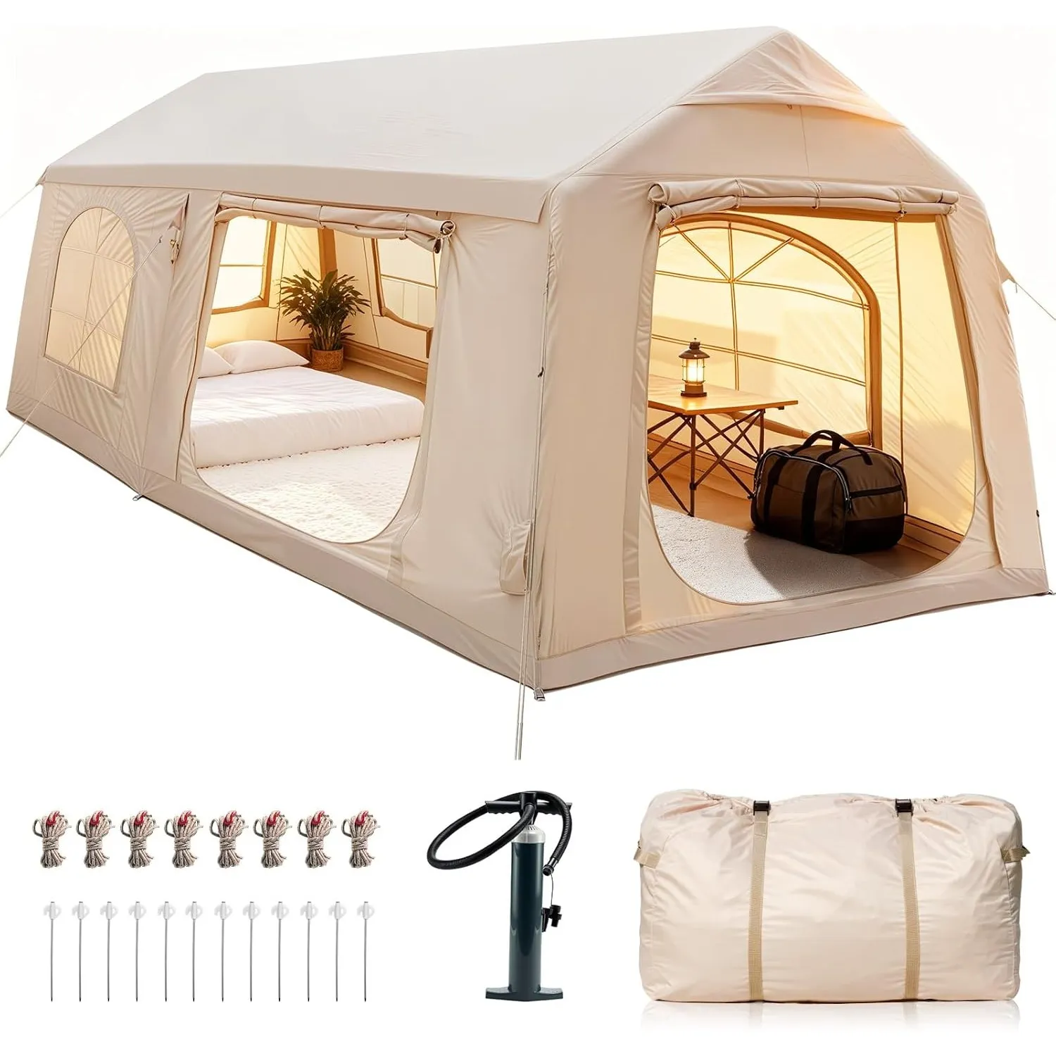 Ytaoeo Aufblasbares Zelt für Camping | mit Luftpumpe, Kaminöffnung, Gampingzelt aus Wasserdichtem Oxford-Stoff Air Glam…