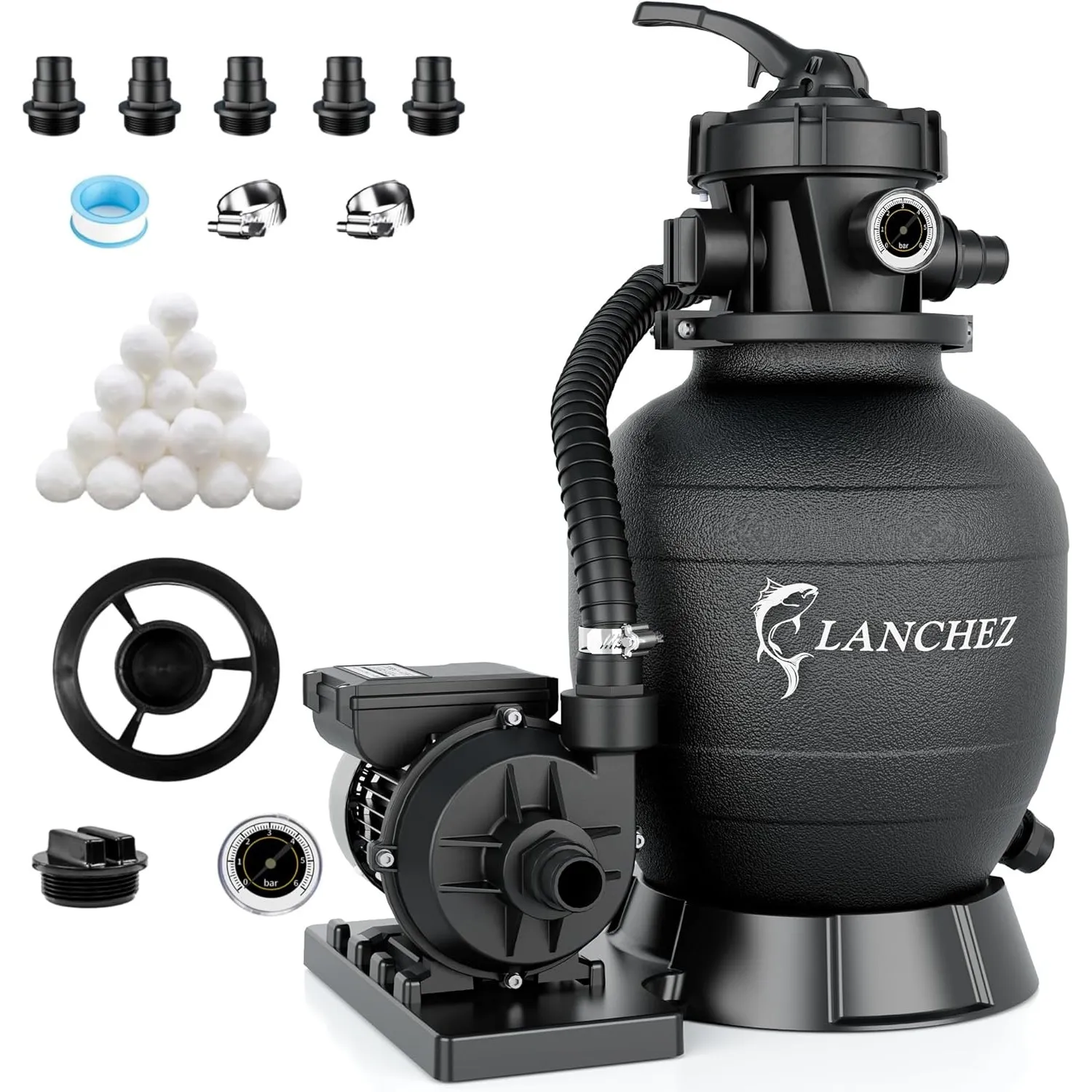 LANCHEZ Sandfilteranlage 9.000 L/h, 7-Wege-Ventil, 200g Filterbälle, Sandfilterkessel für Pool, Tankvolumen Maximal 10 …
