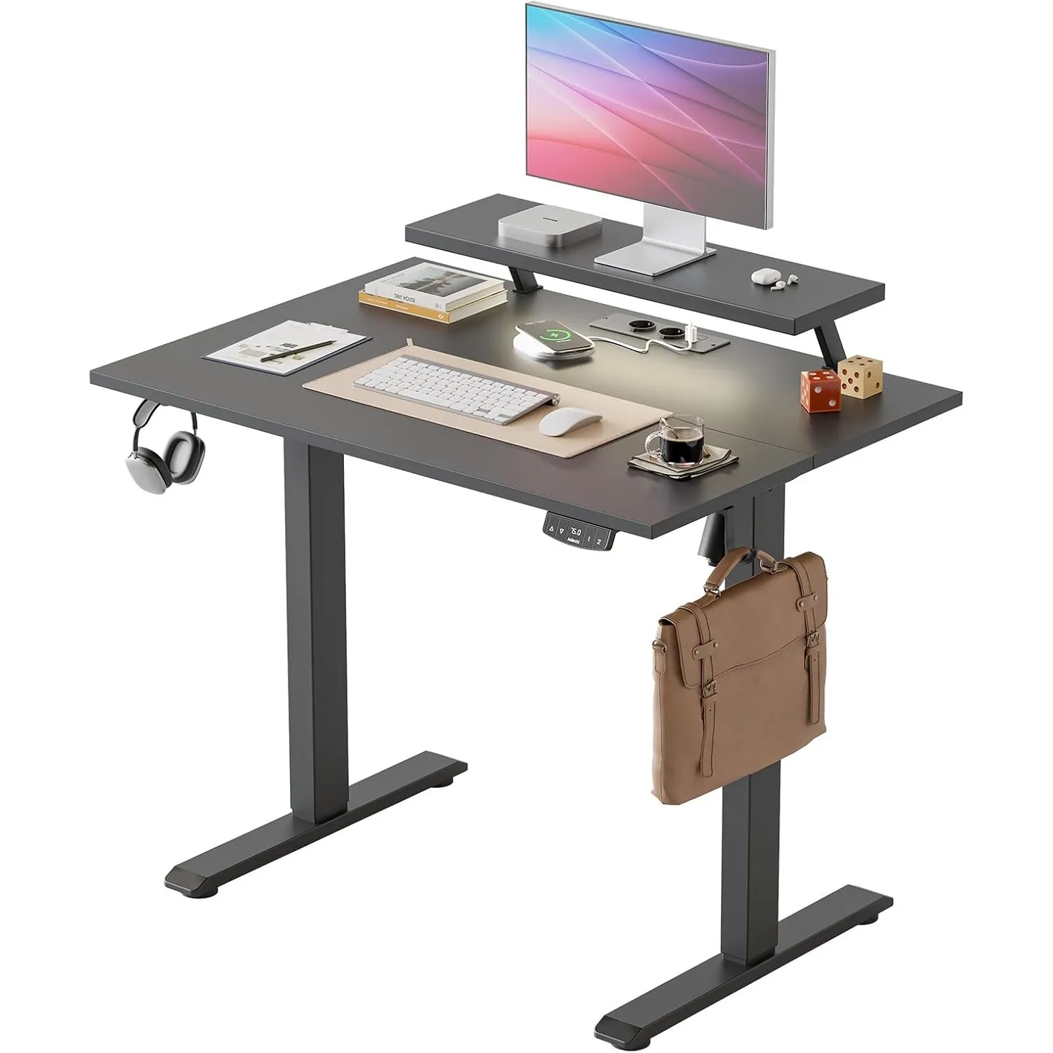 Agilestic Höhenverstellbarer Schreibtisch mit flexiblem Monitorständer | Schreibtisch elektrisch 100 x 60 cm, LED-Licht…