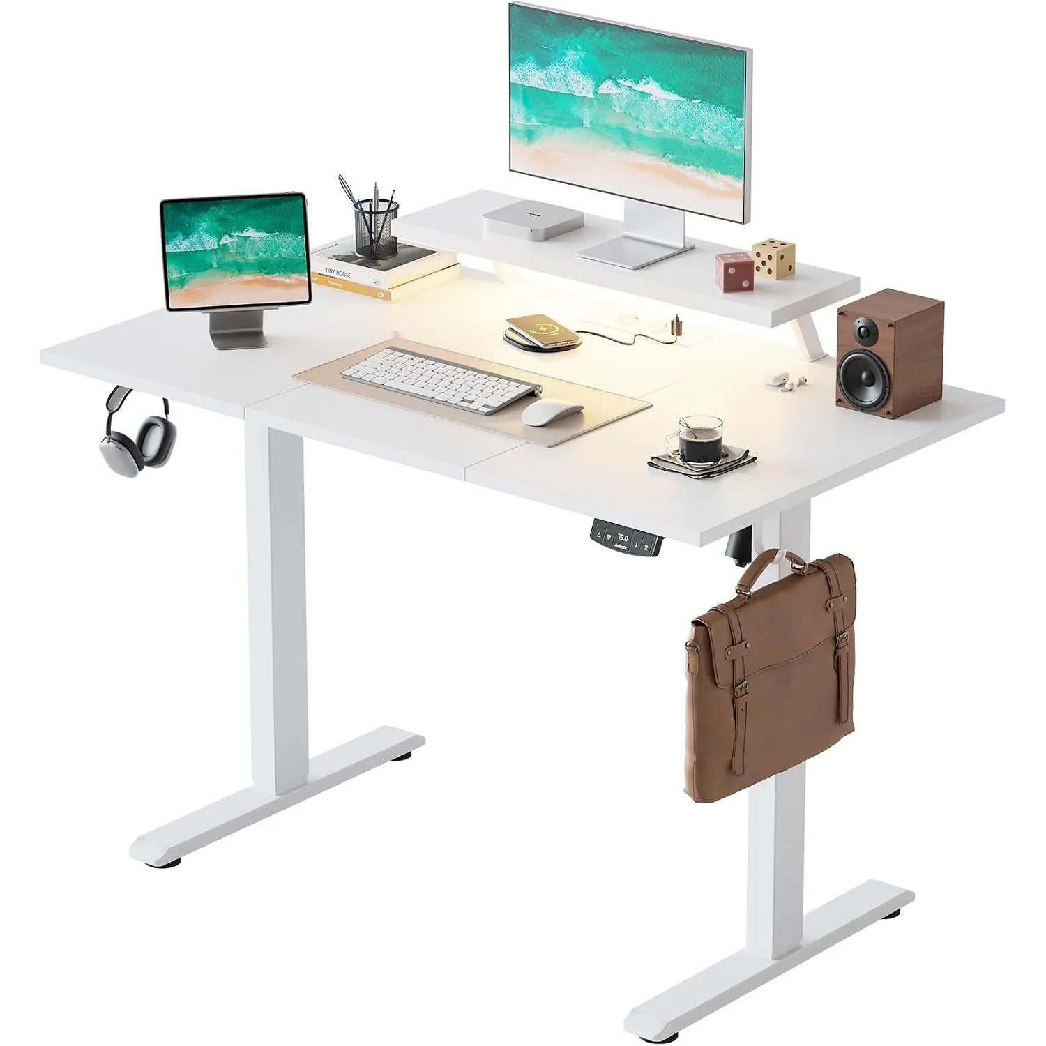 Agilestic Höhenverstellbarer Schreibtisch mit flexiblem Monitorständer | Schreibtisch elektrisch 120 x 60 cm, LED-Licht…