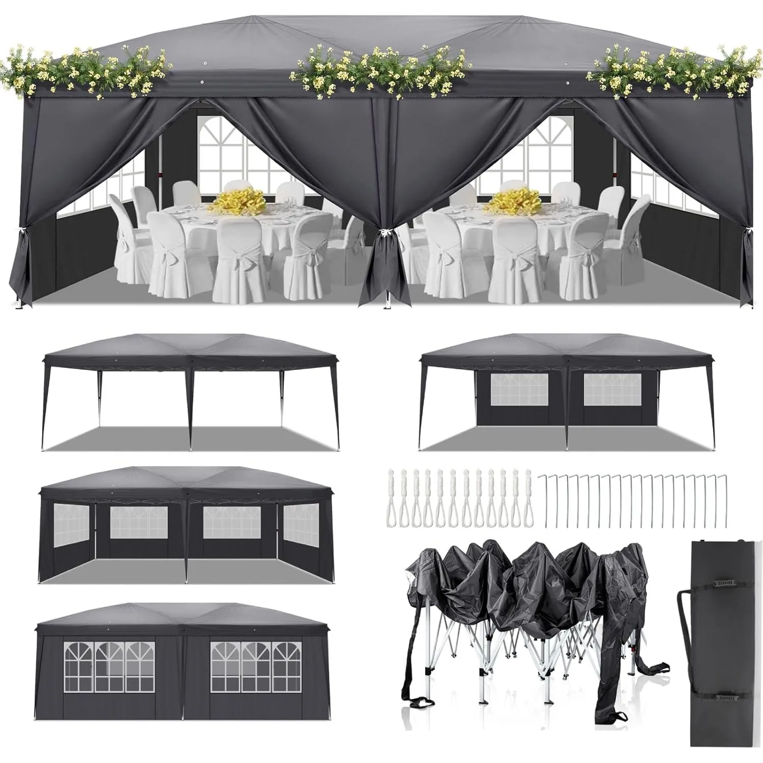 LEADZM Pavillon 3x6m Garten Faltpavillon mit 6 Seitenteilen,Anthrazit | Wasserdicht ,Winterfest,Höhenverstellbar,UV Sch…