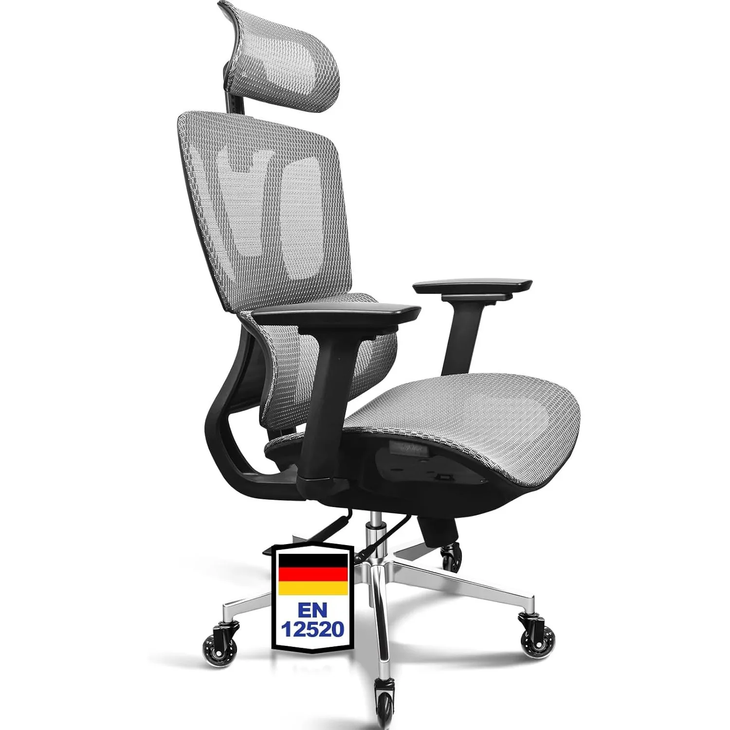 MELOKEA Bürostuhl Ergonomisch, 4D-Armlehnen, Mesh-Sitzfläche, 150 KG, Grau