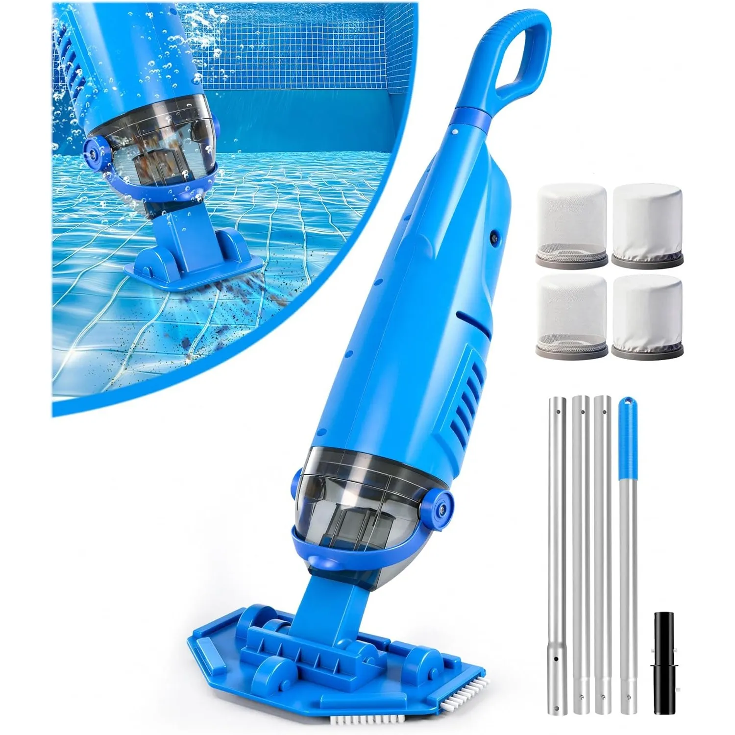 LanBlu Poolsauger Akku, Doppelbürstenköpfe Pool Staubsauger Akku mit Teleskopstange bis zu 250cm, 4200L/H Poolsauger Bo…